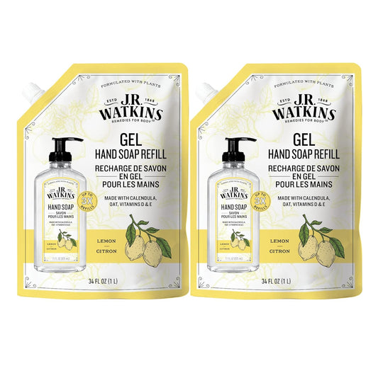 J.R. Watkins Gel Hand Soap Refill Pouch, Scented Liquid Hand Wash for Bathroom or Kitchen, USA Made and Cruelty Free, 34 fl oz, Lemon, 2 Pack