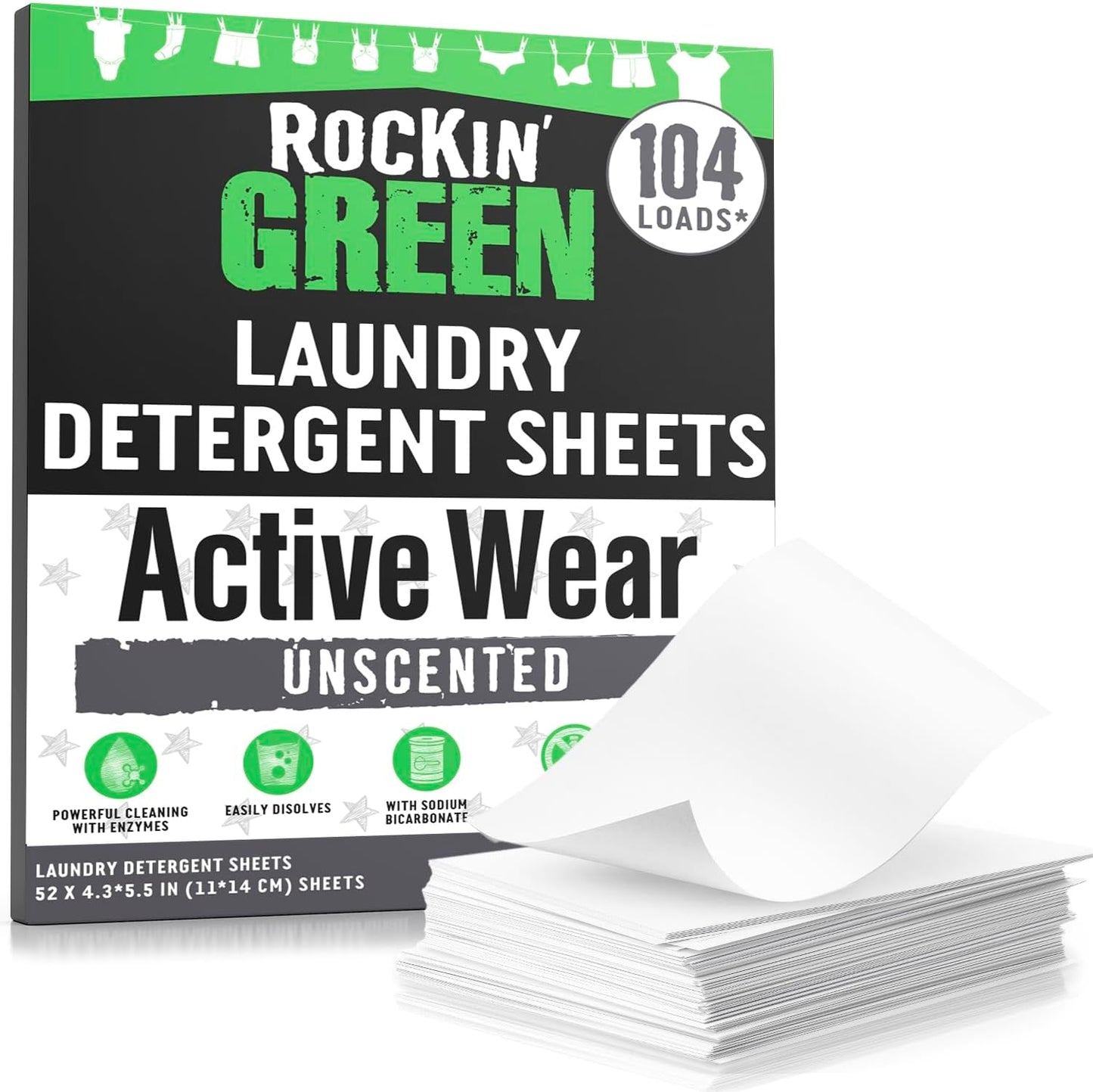 Rockin' Green Active Wear Travel Laundry Detergent Sheets Unscented - Mess-Free Laundry Sheets Detergent with Sodium Bicarbonate - Easily Dissolvable Laundry Soap for Traveling (104 Loads)