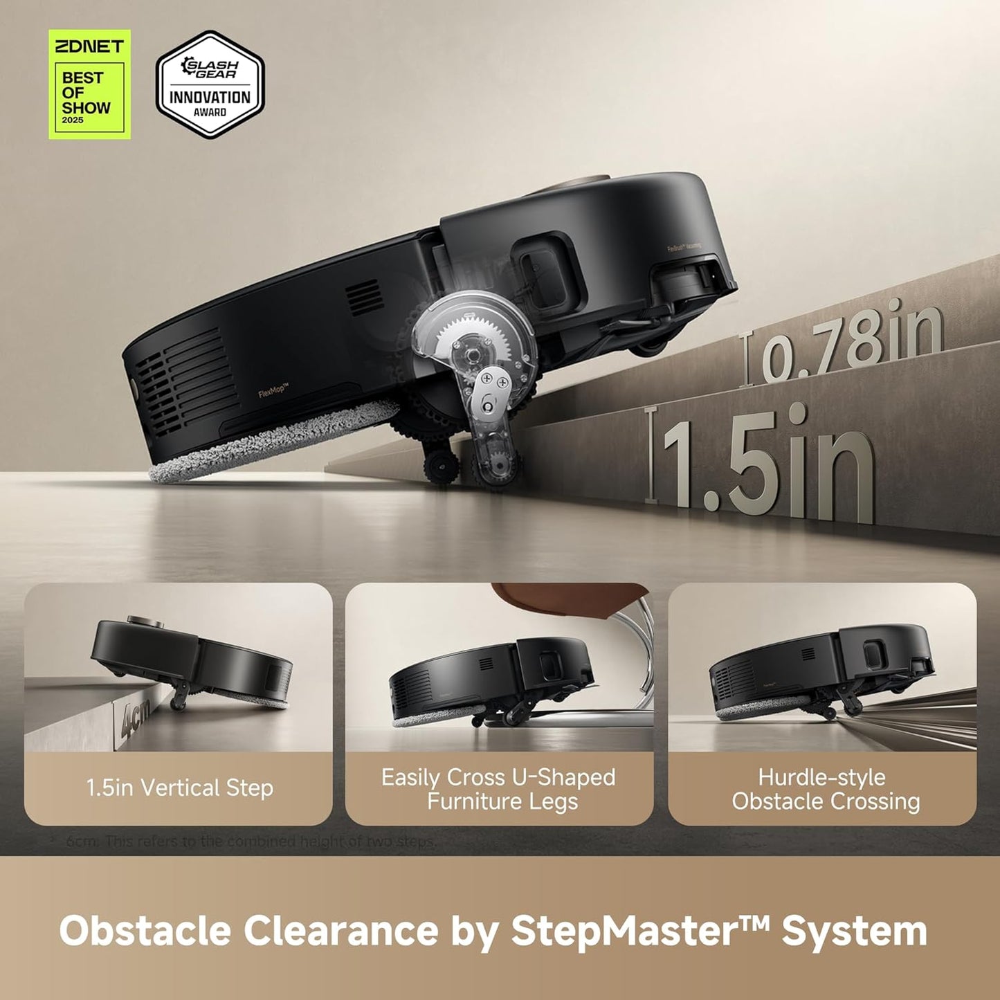 Mova V50 Ultra Complete Robot Vacuum and Mop Self-Cleaning, 24,000 Pa Suction, Liftable Navigation with Obstacle Overcoming and Warm Water Mopping with DuoSolution System Designed for Pets, Black