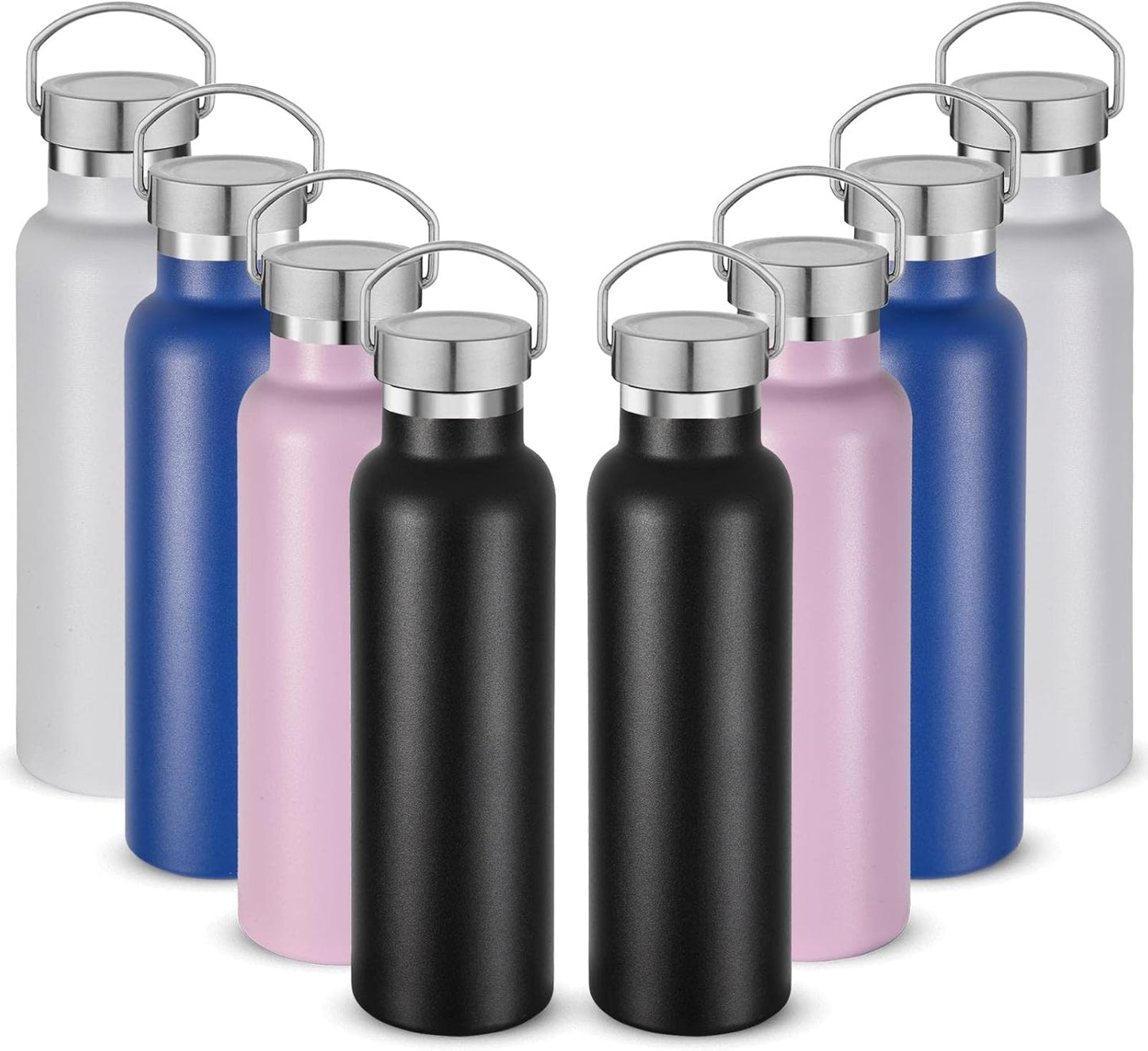 Neihepal 20 oz Insulated Water Bottles Bulk 8 Pack,Stainless Steel Double Wall Sport Bottle with Lid of Handle,Metal Reusable Flask for School,Cyclists,Hikers,Gift (Mix,Set of 8)