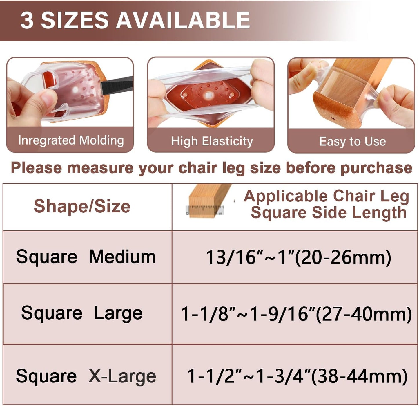 Chair Leg Floor Protectors Chair Leg Protectors for Hardwood Floors Silicone Caps Felt Strengthen Bottom Protection Anti-Scratch Reduce Noise 32 Pack Clear Square XL Fit:1-1/2" to 1-3/4" (38-44mm)