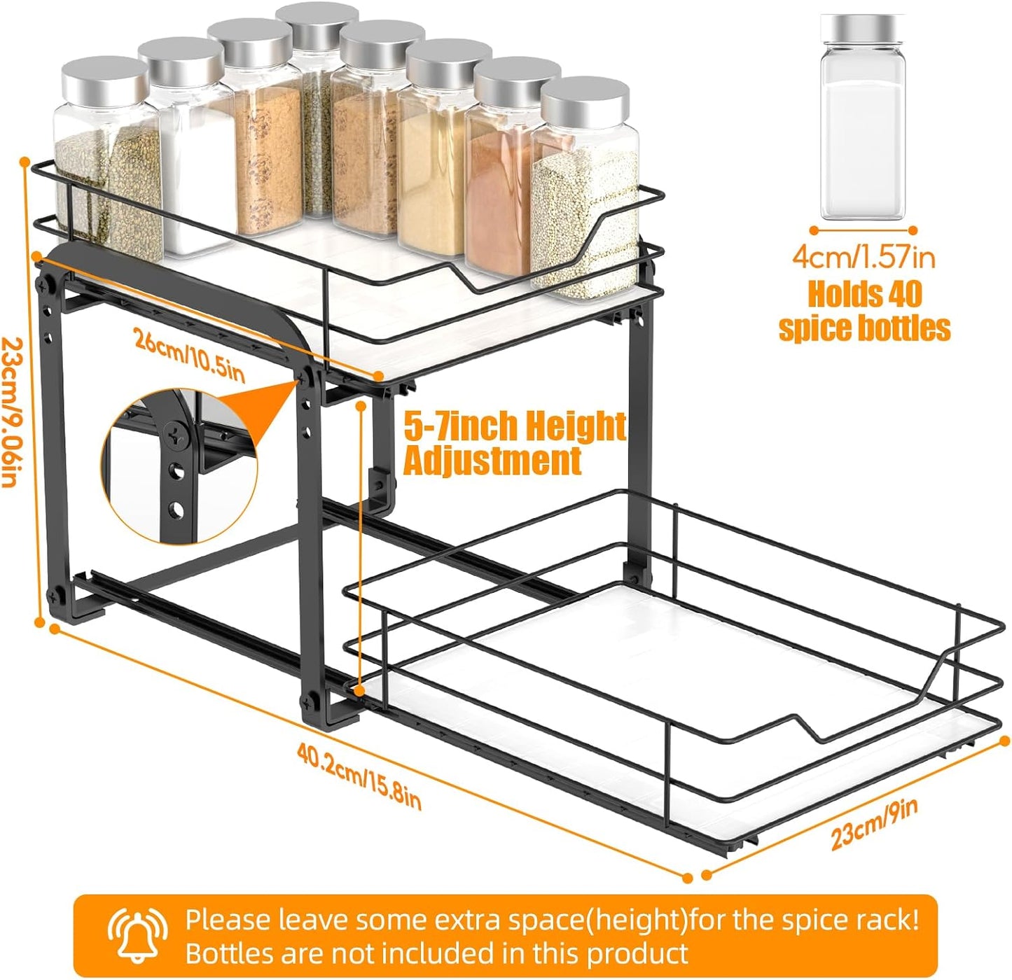 Spice Rack Organizer for Cabinet, 2 Tier Vertical Pull Out Spice Rack – Heavy Duty Metal Spice Organization for Cabinet, 40-Jar Capacity, Height Adjustable Cabinet Organizer (9"W×10.5"D×9"H, Black)