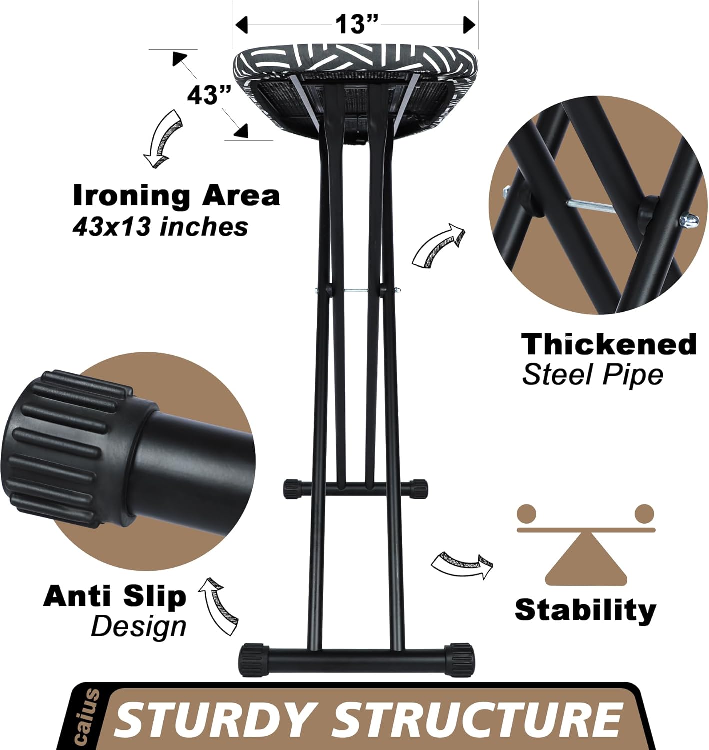 caius Ironing Board, Compact and Space Saver Full Size Ironing Board, Extra Wide Ironing Area with Extra Thick Heavy Duty Padded Cover, Stable Structure, Easy to Fold