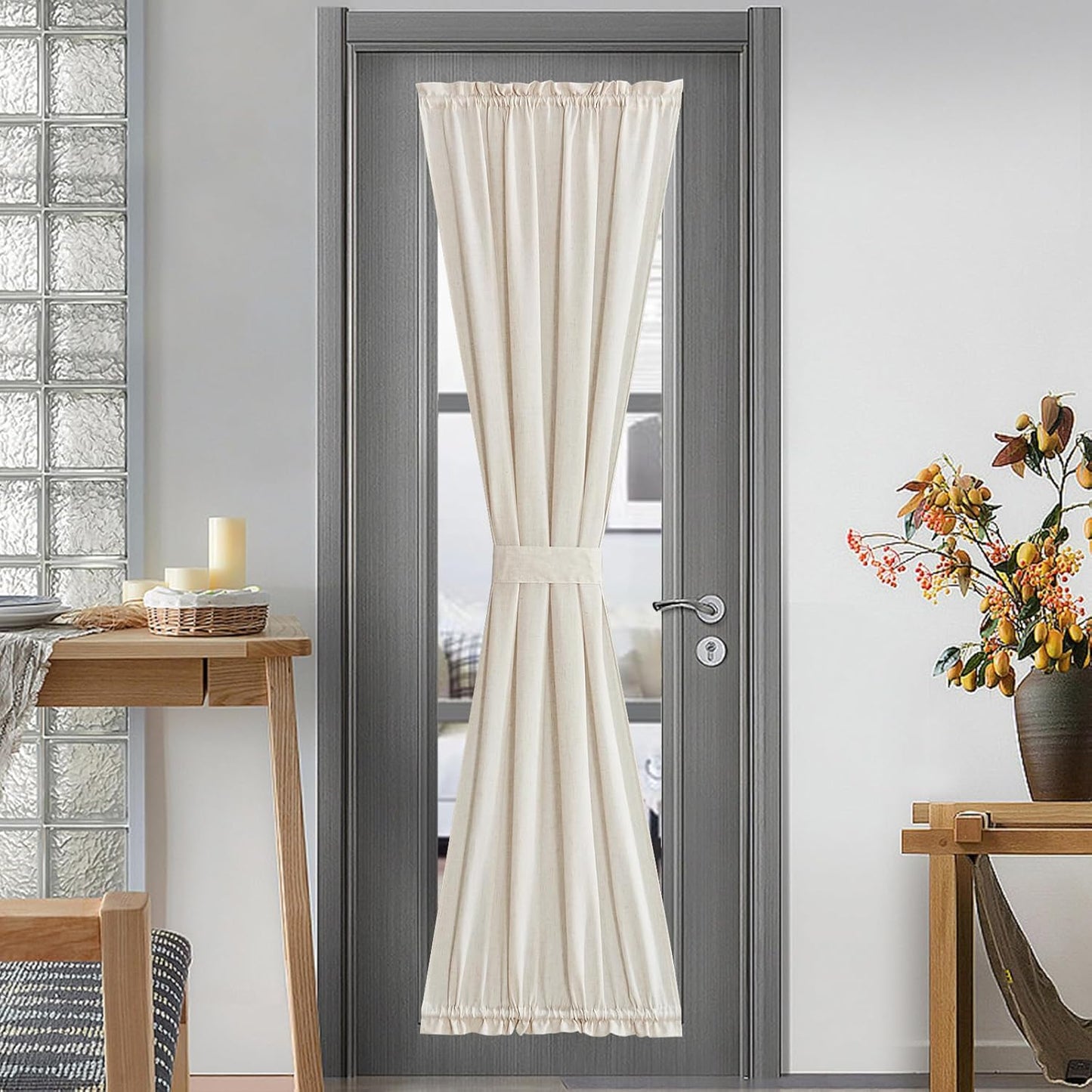 NICETOWN Linen Curtain for French Doors, Privacy Kitchen Window Coverings Shades for Front Back Door, Light Filtering Rod Pocket Shades for Living Room, W36 x L80 Inches, 1 PC, Natural