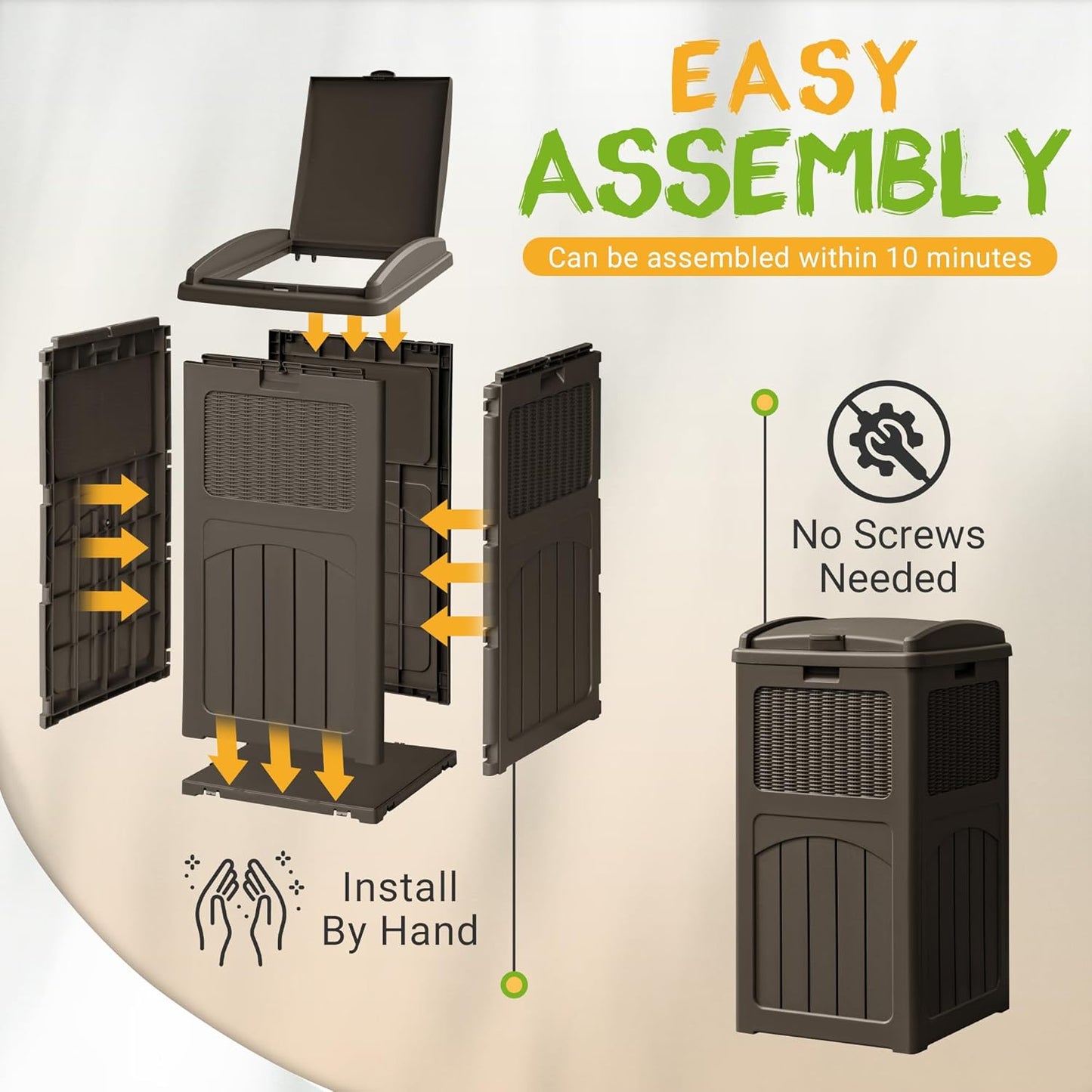 YESHOMY 4 Pack Outdoor Trash Can with Lid, Garbage Bins for Garden, Porch, Home and Kitchen, Brown