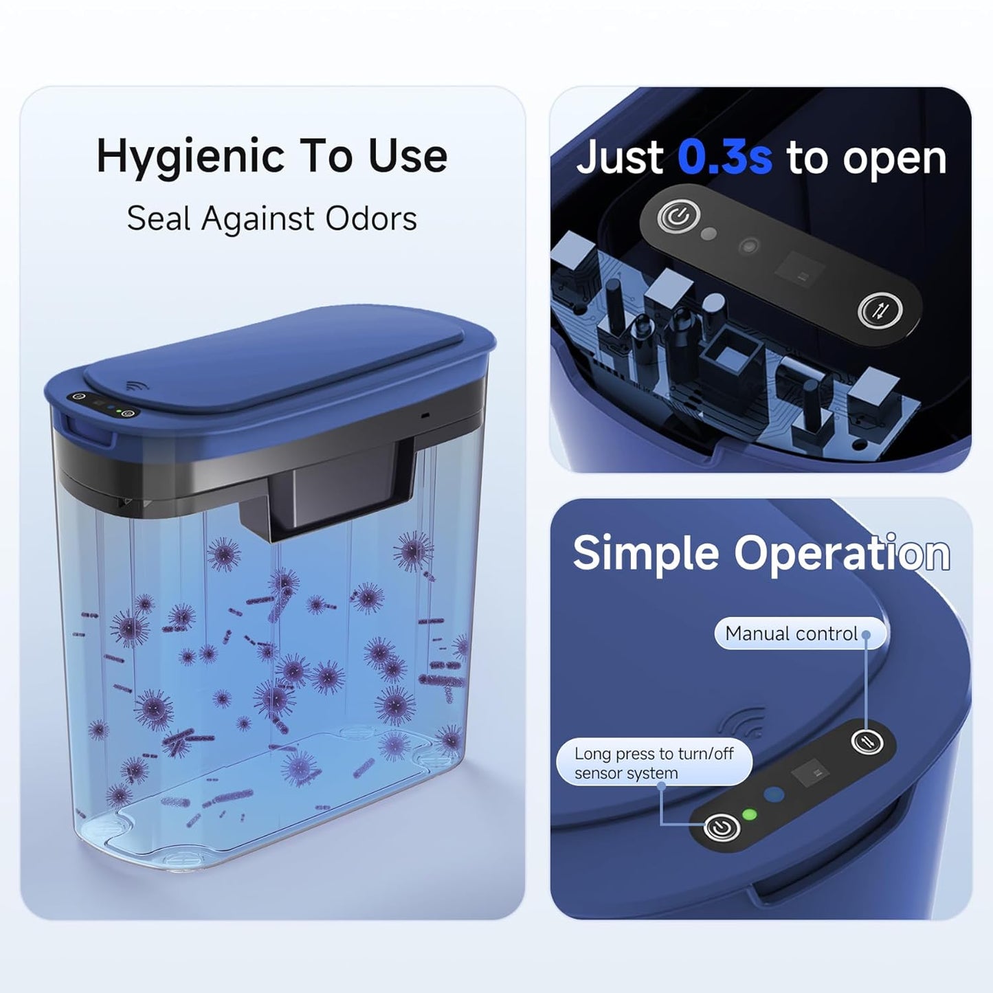 Automatic Motion Sensor Bathroom Trash Can with Lid, 2.6 Gallon Touchless Trash Bin, Smart Garbage Can Plastic Slim Wastebasket for Bedroom, Office, Dorm (Blue)