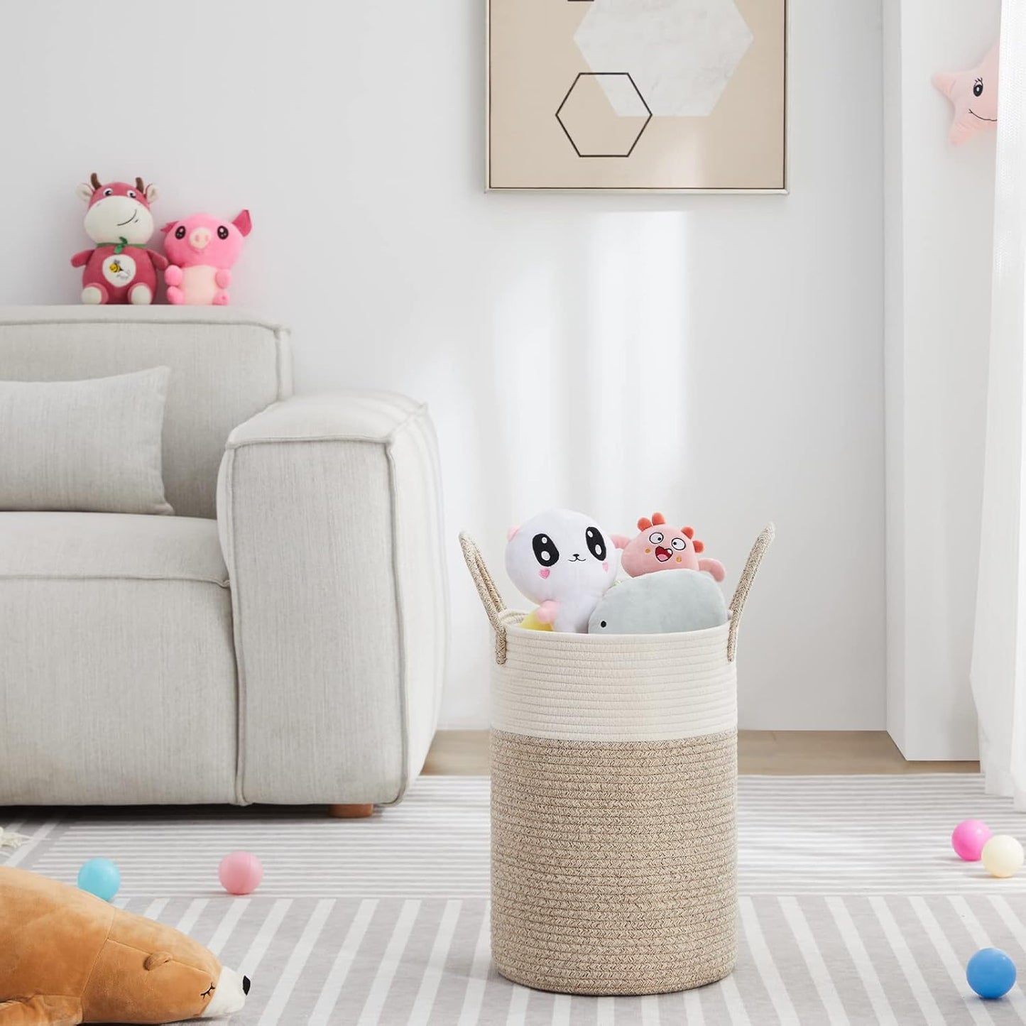 VIPOSCO Tall Laundry Hamper, Woven Rope Storage Basket for Blanket, Toys, Dirty Clothes in Living Room, Bathroom, Bedroom - 30L White & Brown