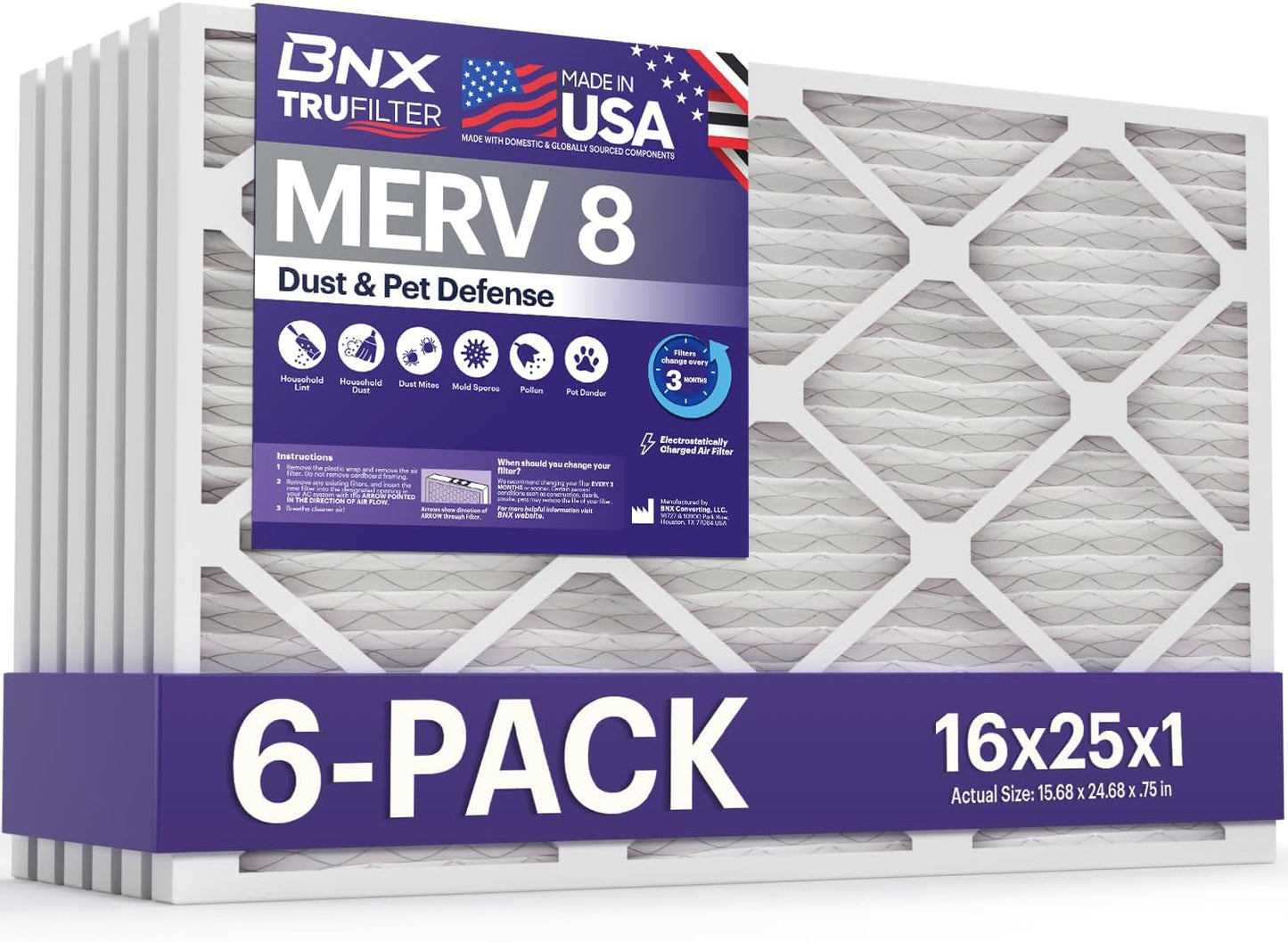 BNX TruFilter 16x25x1 Air Filter MERV 8 (6-Pack) - MADE IN USA – Dust & Pet Defense Electrostatic Pleated Air Conditioner HVAC AC Furnace Filters for Dust, Pet, Mold, Pollen MPR 600 – 700 & FPR 5