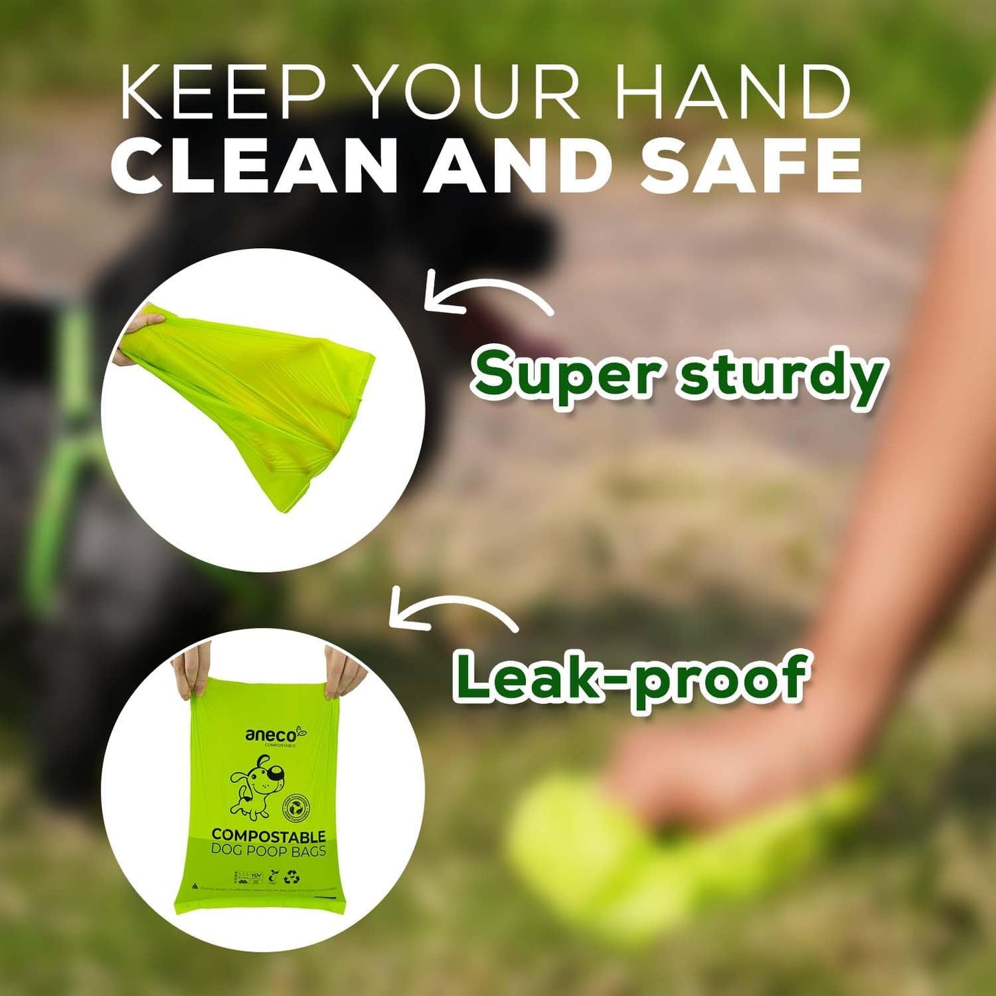 ANECO 100% Certified Home Compostable Dog Poop Bags (135 Count/9 Rolls), Large Poop Bags for Dogs & Cats, Extra Strong & Leak-proof Pet Waste Bags, California