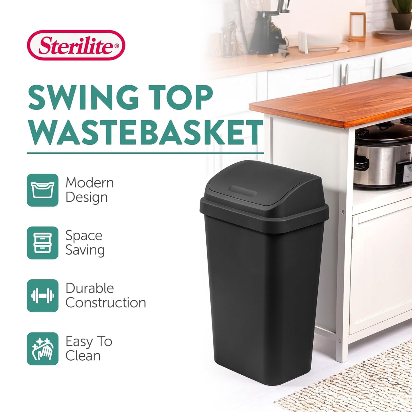 Sterilite 4-Pack Swing Top Wastebasket, Sleek Square Profile Trash Can, 13 Gallon, Black - Modern Garbage Bin for Kitchen, Bathroom, Garage and Workspace, Fits 13 Gal Liners