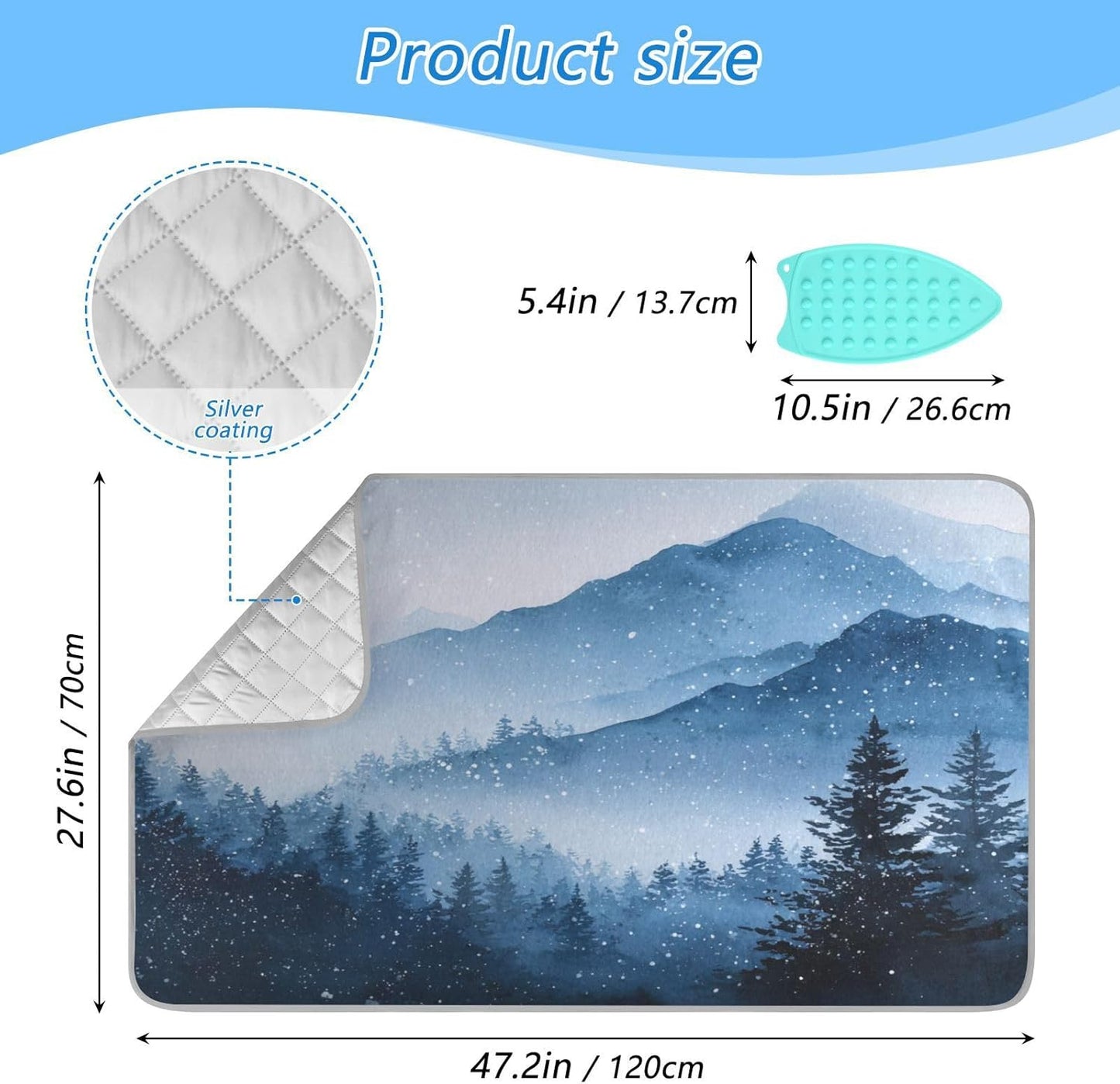 Ironing Mat Portable Ironing Pad Ironing Blanket for Table Top Heat Resistance Double-Side Using Travel Large 47.2 x 27.6 Inch Foldable Lightweight Watercolor Winter Mountain Blue