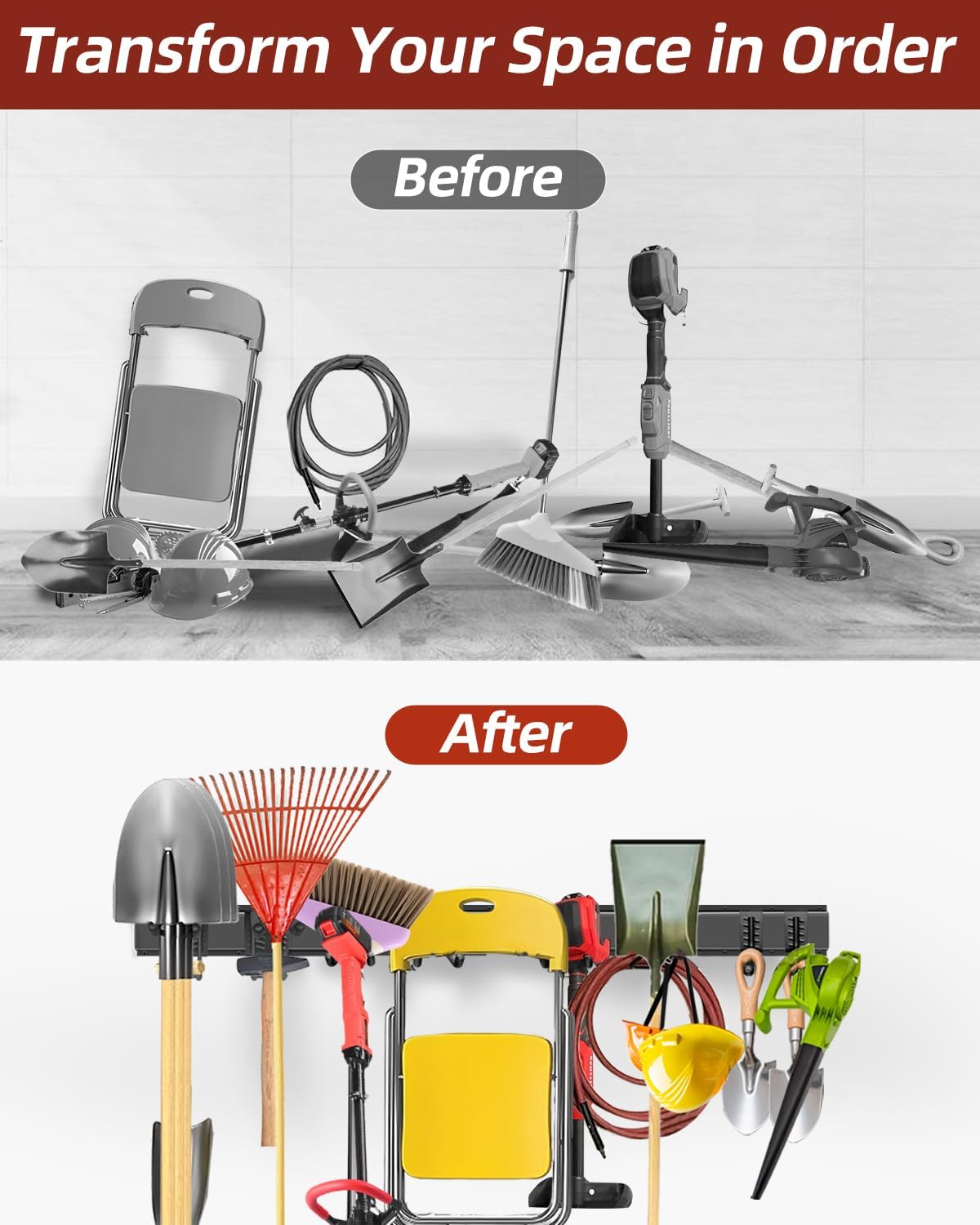 48-Inch Garage Storage Tool Organizer with 8 Hooks - Heavy Duty Metal Rack for Garage Organization, Garden Tool Organizer - Wall Mounted Tool Hanger for Shovels, Ladders, Lawn Tools