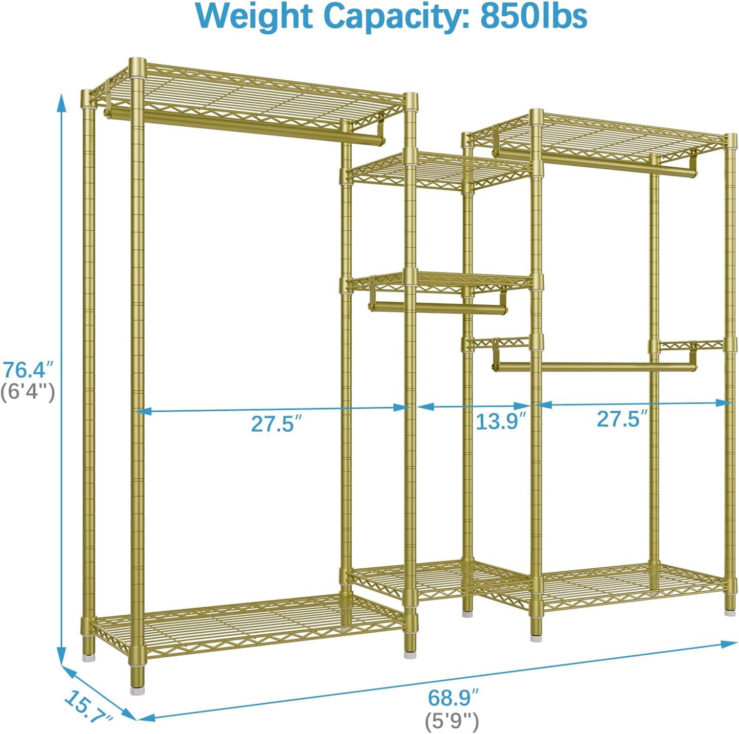VIPEK Classic V6 Wire Garment Rack Heavy Duty Clothes Rack with 7 Adjustable Shelves & 4 Hanging Rods, Compact DIY Metal Clothing Racks 68.9" L x 15.7" W x 76.4" H, Max Load 840LBS, Gold