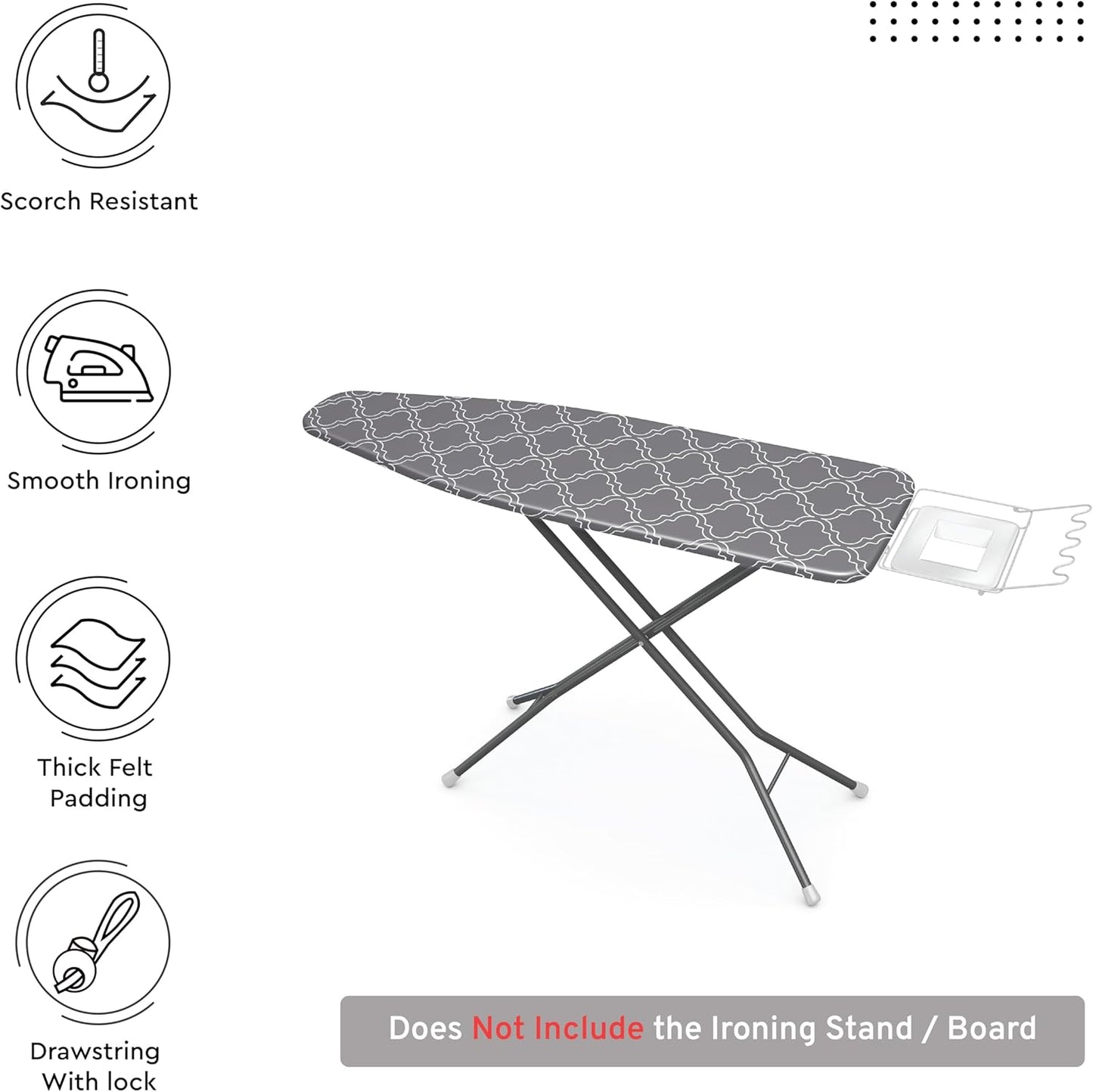 Encasa XO Ironing Board Cover and Pad 57"x22" - Thick 3mm Felt Padding, Drawstring Tightening & Lock, Easy Fit, Scorch & Stain Resistant, Fits X-Large Ironing Board - Grey Tiles