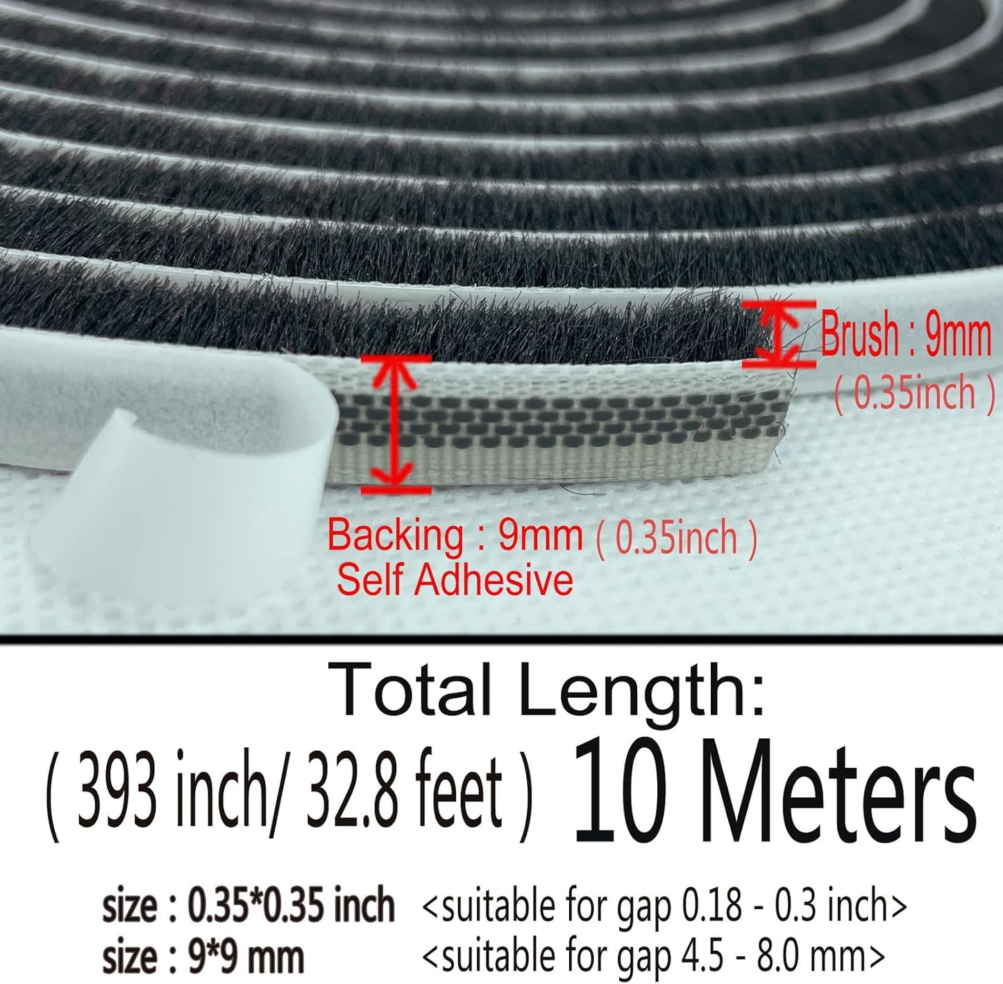 Adhesive Pile Weather Stripping, Weatherstrip Fuzzy Door Brush Strip for Sliding Sash Door Window Wardrobe Seal(33ft x11/32 Backing x 11/32 Brush inch, Black)