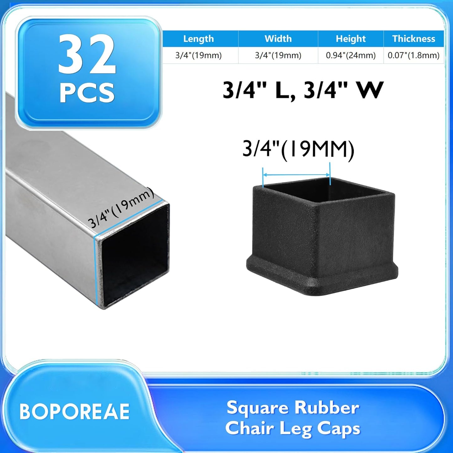 32 Pcs 3/4" x 3/4" Square Rubber Chair Leg Caps, PVC Table Leg Covers, Flexible & Anti-Slip Furniture Leg End Caps, Chair Leg Floor Protectors for Bar Stool Leg Patio Indoor, Black