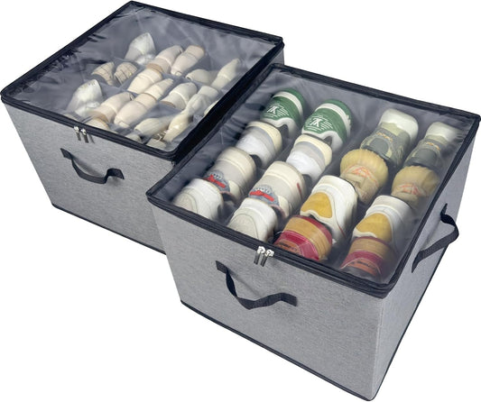 Shoe Organizer Box 2 Pack, Shoe Storage Organizer with Clear Cover, Adjustable Dividers Fits 16-32 Pairs, Fabric Shoe Organizer for Closet, Grey