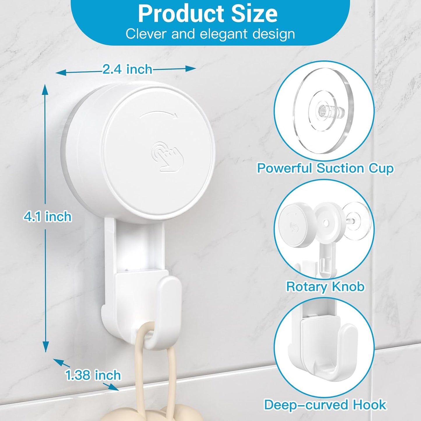 LUXEAR Suction Hooks Powerful Vacuum Suction Shower Hook- Heavy Duty Hangers Waterproof Wall Hooks for Bathroom Kitchen Towel, Robe, Loofah Removable and Reusable Hooks for Bags Coat (2 Pack)