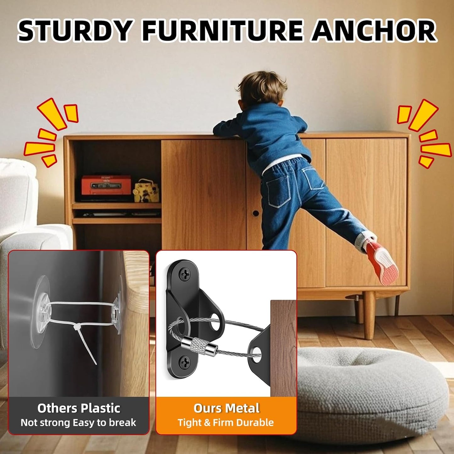 10-Pack Baby Proof Heavy Duty Furniture Anchors for Dressers, Bookcases and TV Cabinets 400LB Anti Tip Kit with Stainless Steel Hardware Shock Straps (Black)