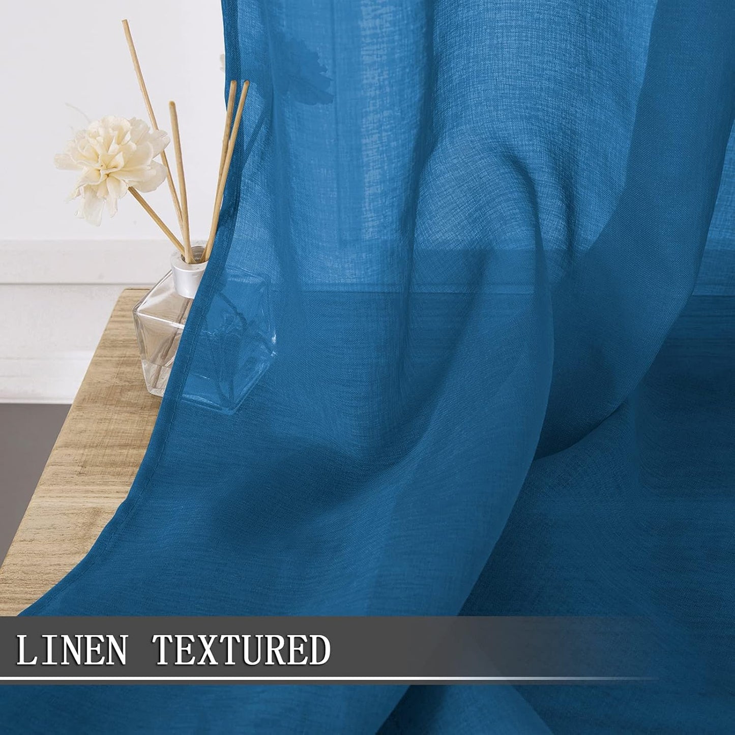 Tollpiz Short Sheer Curtain Linen Textured Bedroom Curtains Sheer Light Filtering Rod Pocket Voile Curtain for Living Room, 54 x 54 inches Long, Classic Blue, Set of 2 Panels