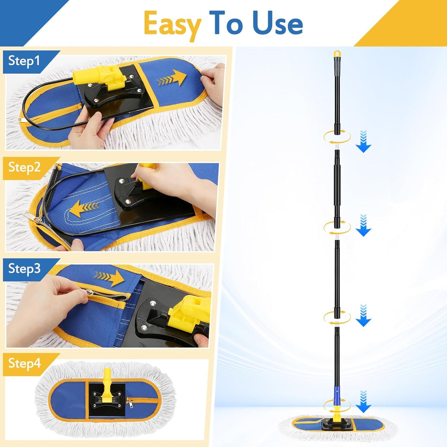 16 Inch Commercial Dust Mop Replacement Heads, 2 Pack Heavy Duty Industrial Cotton Mop Refill Pads Washable for Hardwood Vinyl Laminate Floors Kitchen Warehouse Courtyard Cleaning,Blue