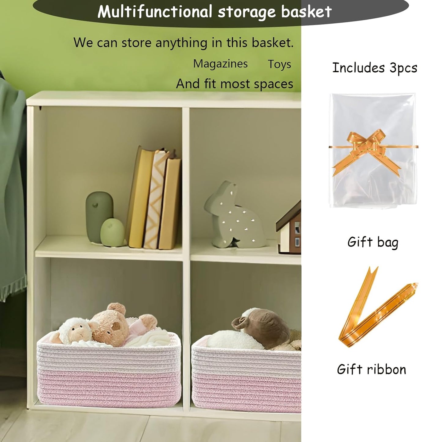 COMFY-HOMI 11.5"x7.5"x4.7" Storage Baskets for Organizing | Cotton Rope Woven Basket | Toy Storage Bin Box | Basket for Shelves, Closet Organizer Bin, Decorative Closet Shelf, 3 Pack, Pink