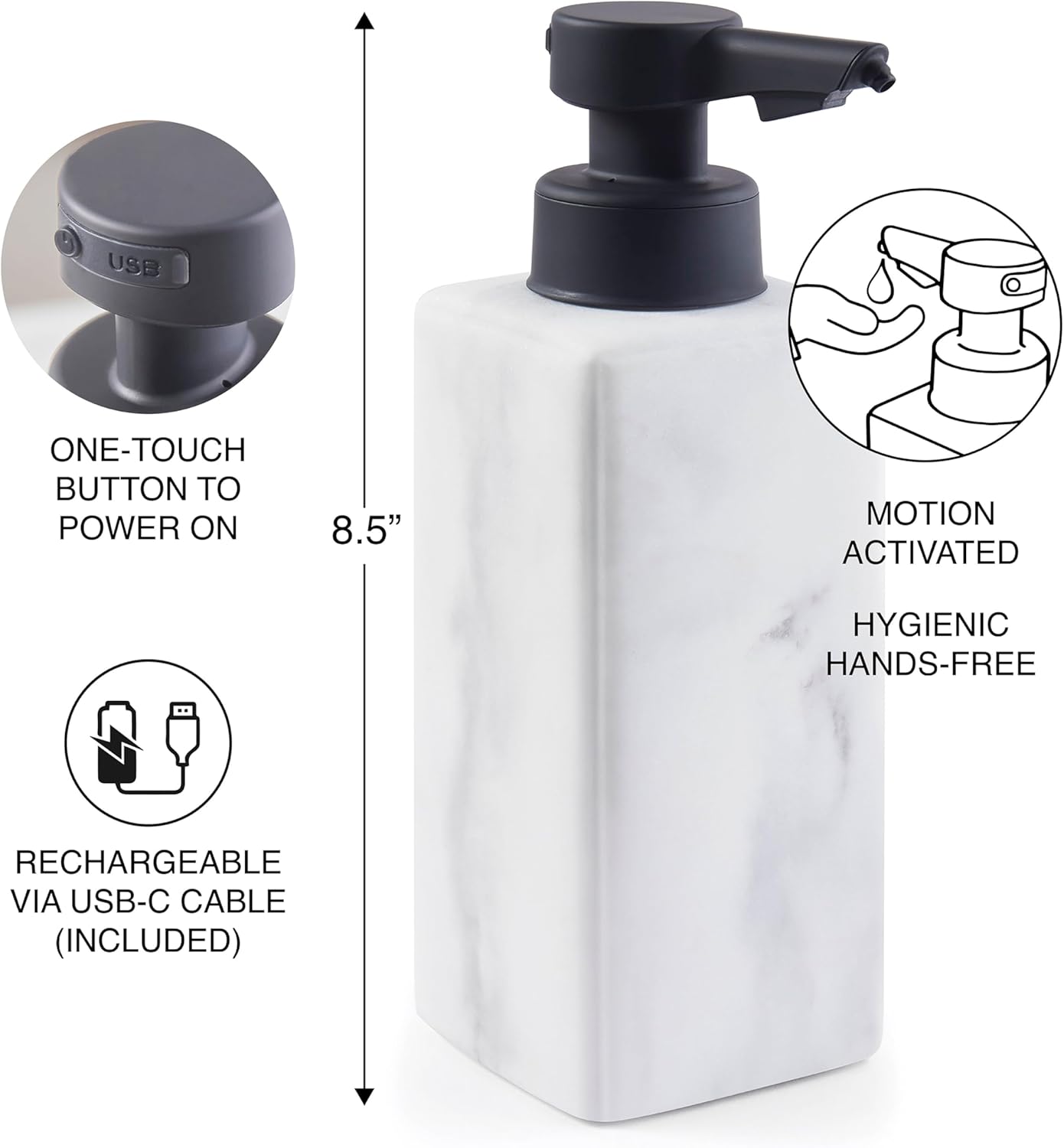 DKNY Hands Free Automatic Liquid Soap Dispenser, Refillable, Rechargeable Touchless Sensor Pump, Elegant Faux Marble Finish, 100% Resin, 1 Piece, 8.6" x 3", White