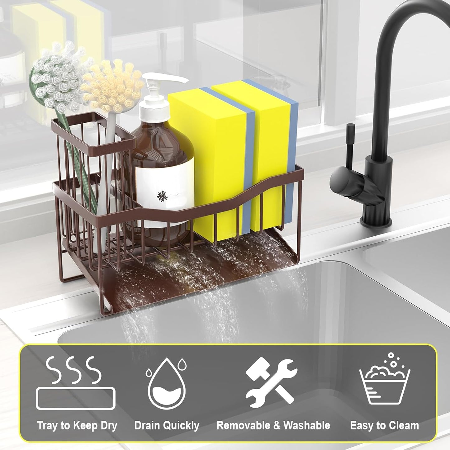 Maifan Sink Caddy Sponge Holder for Kitchen with Brush Holder and Stainless Steel Self Drain Tray, Rustproof Kitchen Sink Organizer for Sponge, Soap Dispenser Storage Accessories