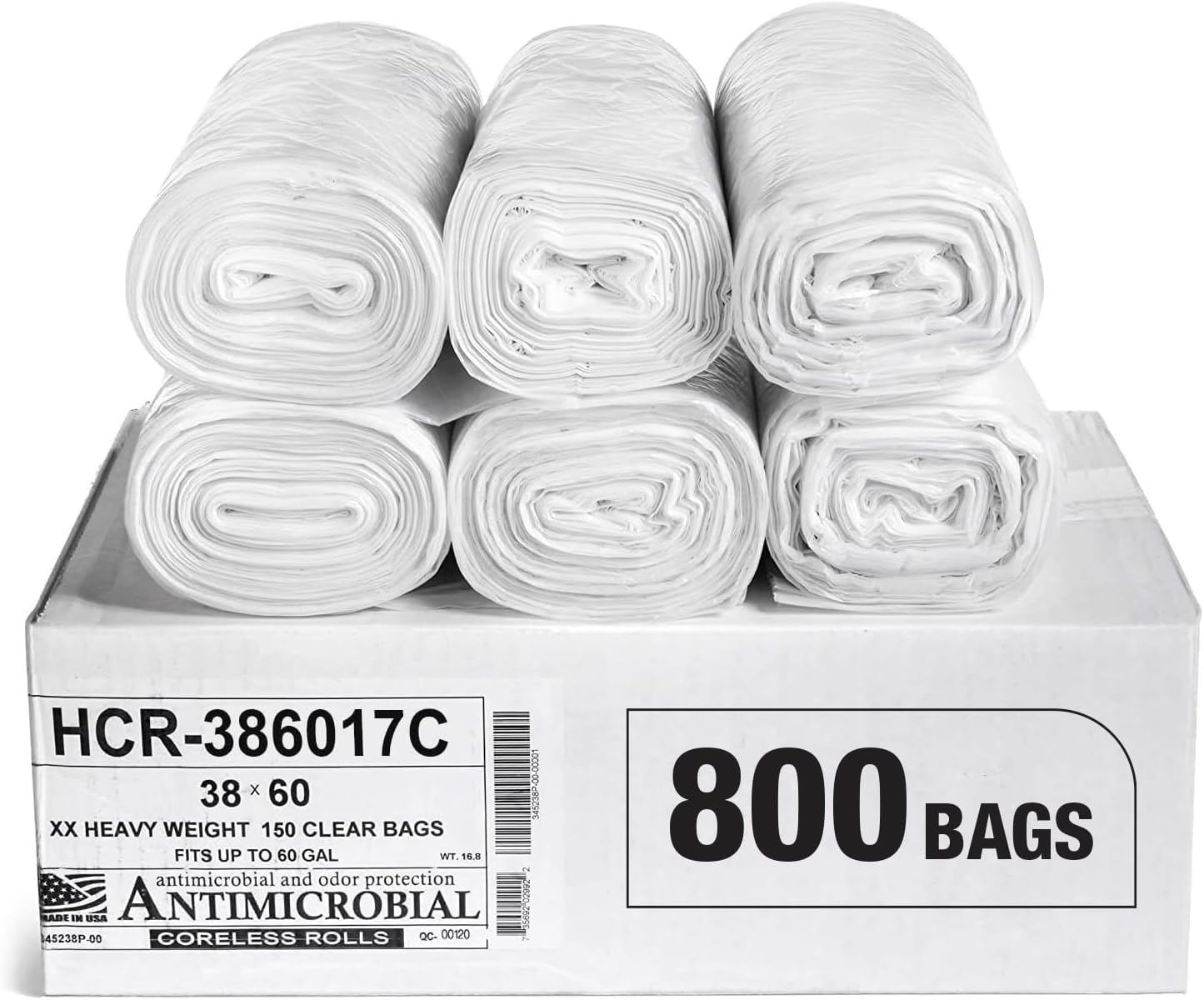 Aluf Plastics High Density Trash Bags, 60 Gallon, 800 Count, 17 Micron (eq), 38" x 60", Clear, for Bathroom, Office, Industrial, Commercial, Janitorial, Municipal, Recycling