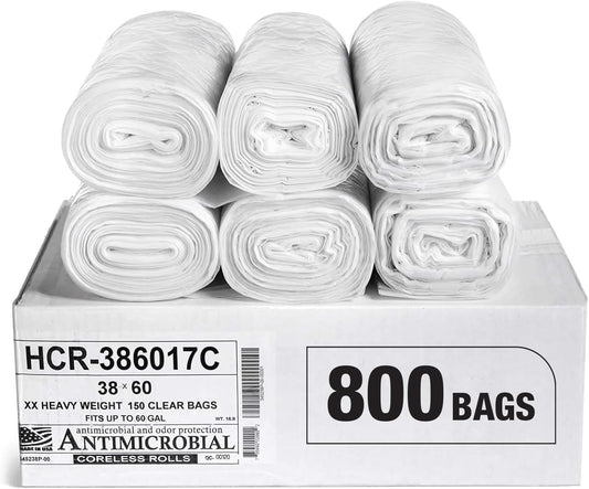 Aluf Plastics High Density Trash Bags, 60 Gallon, 800 Count, 17 Micron (eq), 38" x 60", Clear, for Bathroom, Office, Industrial, Commercial, Janitorial, Municipal, Recycling