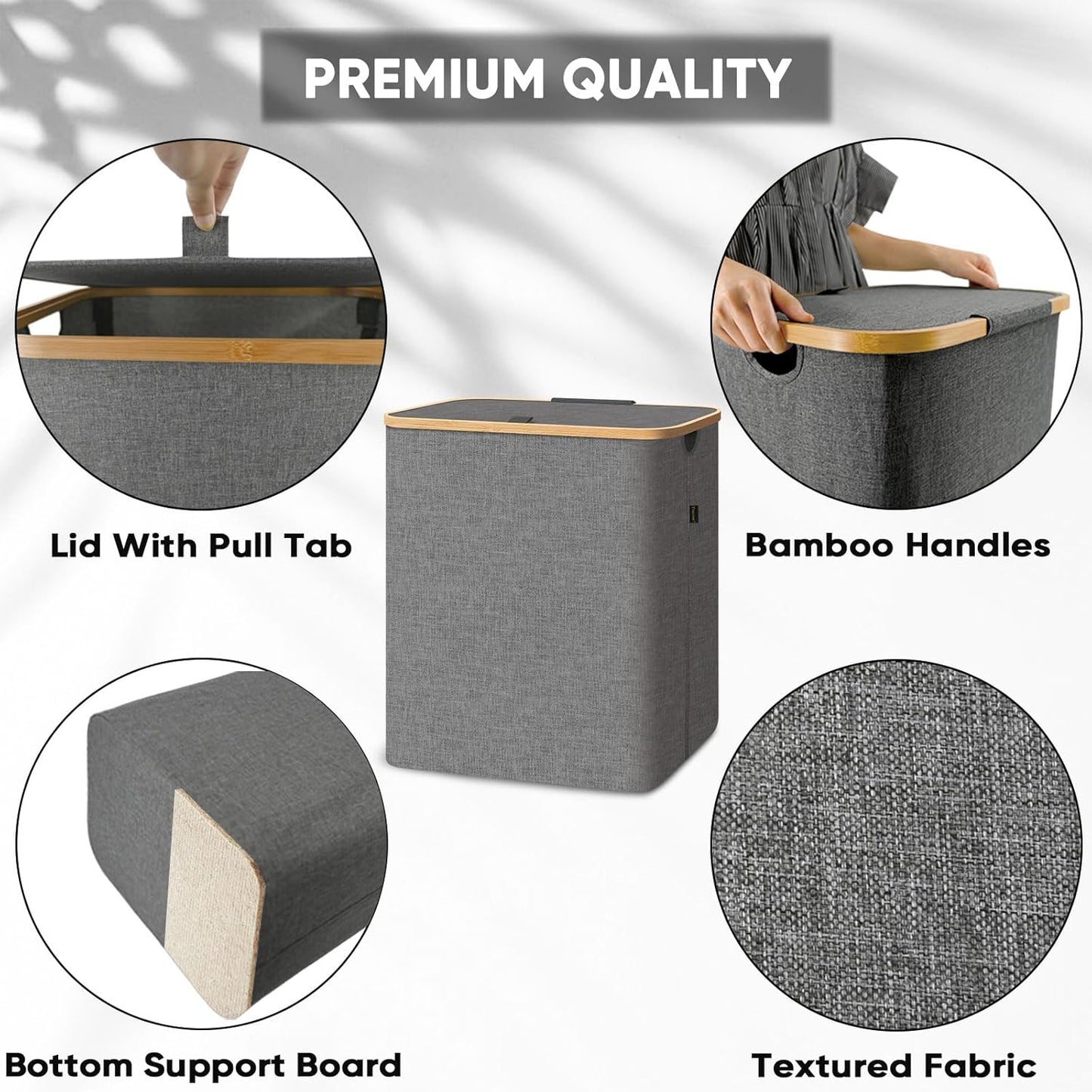 BALEINE Laundry Hamper with Lid, Tall Laundry Baskets with Bamboo Pull Handles, Large Laundry Bin with Internal Support (36 Gal/140L, Beige)