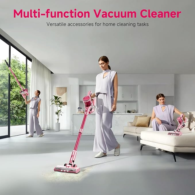 Cordless Vacuum Cleaner, 38Kpa Powerful Stick Vacuum Cleaner with 45mins Rechargeable Battery, LED Anti-Tangle Brush, 8-in-1 Handheld Vacuum Cleaners for Home/Pet Hair/Carpets/Floors, Pink