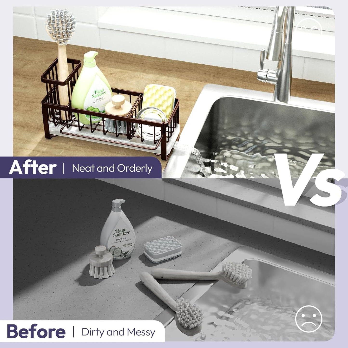 SWTYMIKI Sponge Holder for Kitchen Sink - Sink Caddy with Brush Holder Self-draining Sponge Caddy Organizer with Divider Stainless Steel Kitchen Accessories Storage for Countertop, Bronze