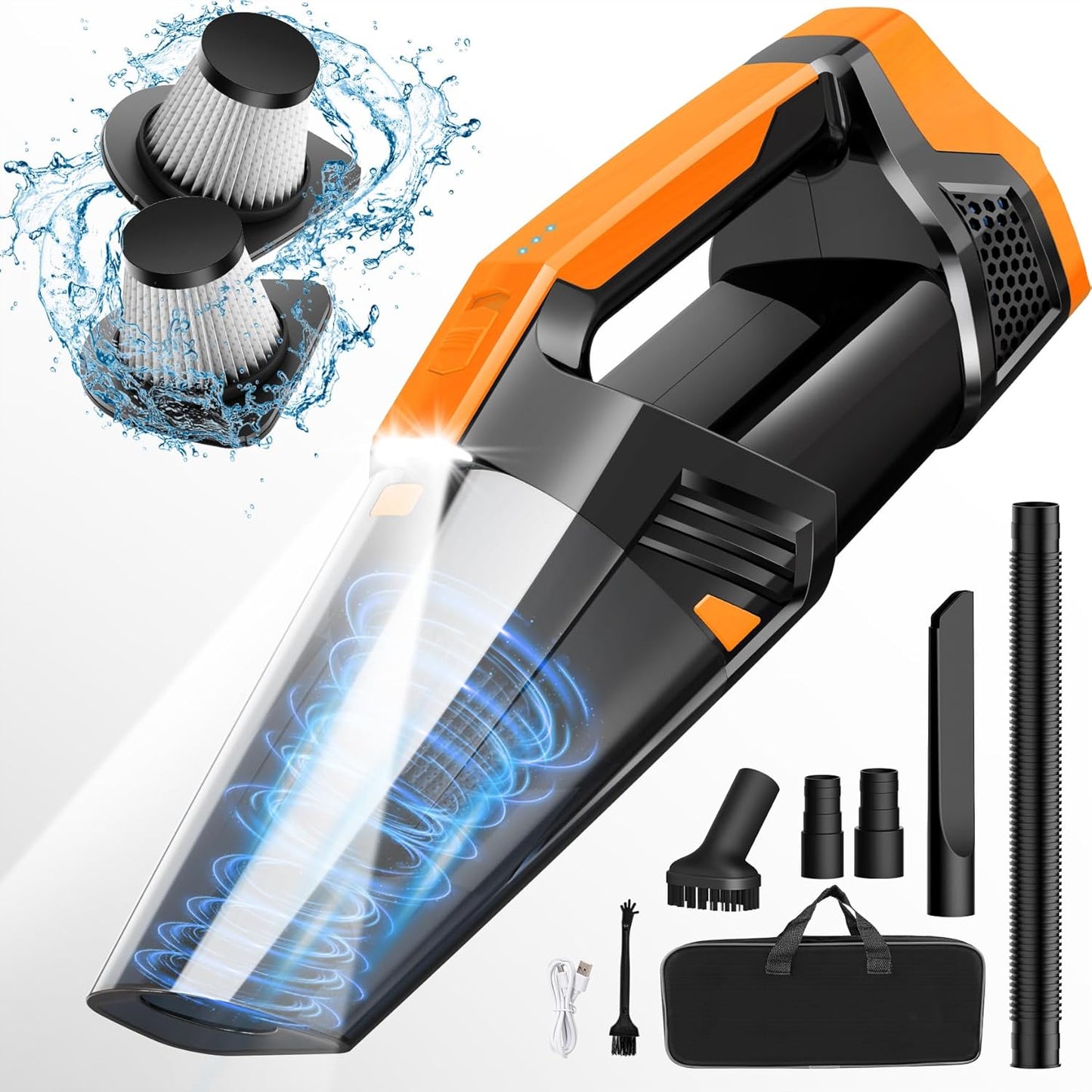 Handheld Vacuum Cordless Car Vacuum Portable with LED Light, High Power Suction, Lightweight Rechargeable Hand Vacuum, Hand Held Vacuum Cleaner for Car Home Office, Pet Hair, BlackOrange