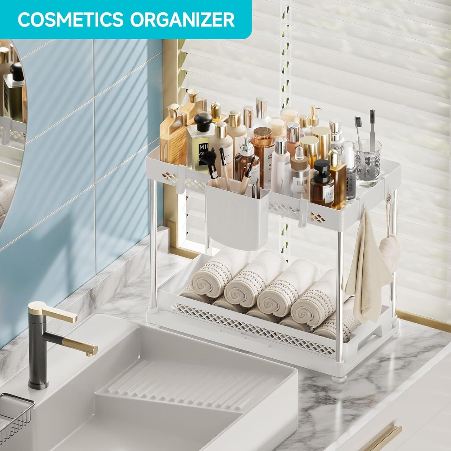 Under Sink Organizer, 2 Tier Pull Out Cabinet Organizer with Hooks Hanging Cup, Easy Installation & Rust-resistant, Multi-Purpose Storage Shelf for Kitchen Bathroom Pantry (White, 2 Pack)