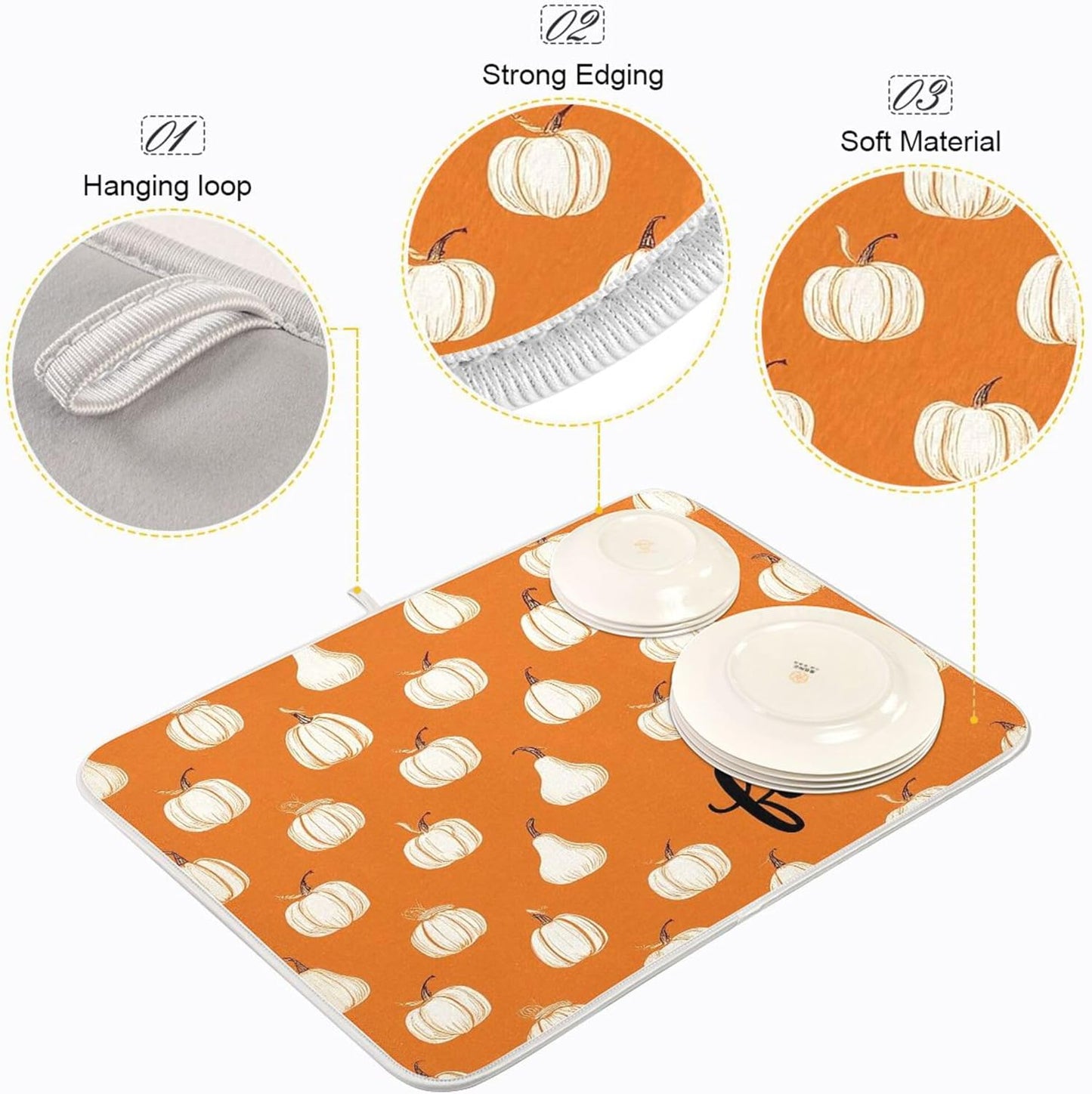 Hello Fall Burnt Orange Dish Drying Mat for Kitchen Countertop 18x24 Autumn Pumpkin Large Drying Mat Reusable Quick Dry Dish Sink Mats Easy Clean Decorative Essentials