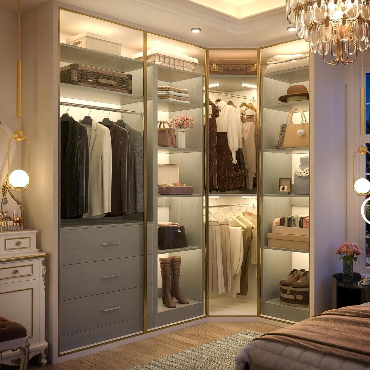 Corner Closet System with 3 Drawers, Corner Closet Organizer System with 13 Shelves & 3 Hanging Rods, 63.2"L * 39.2"W Reversible L Shaped Walk-in Closets, Load 2000+LBS, Grey