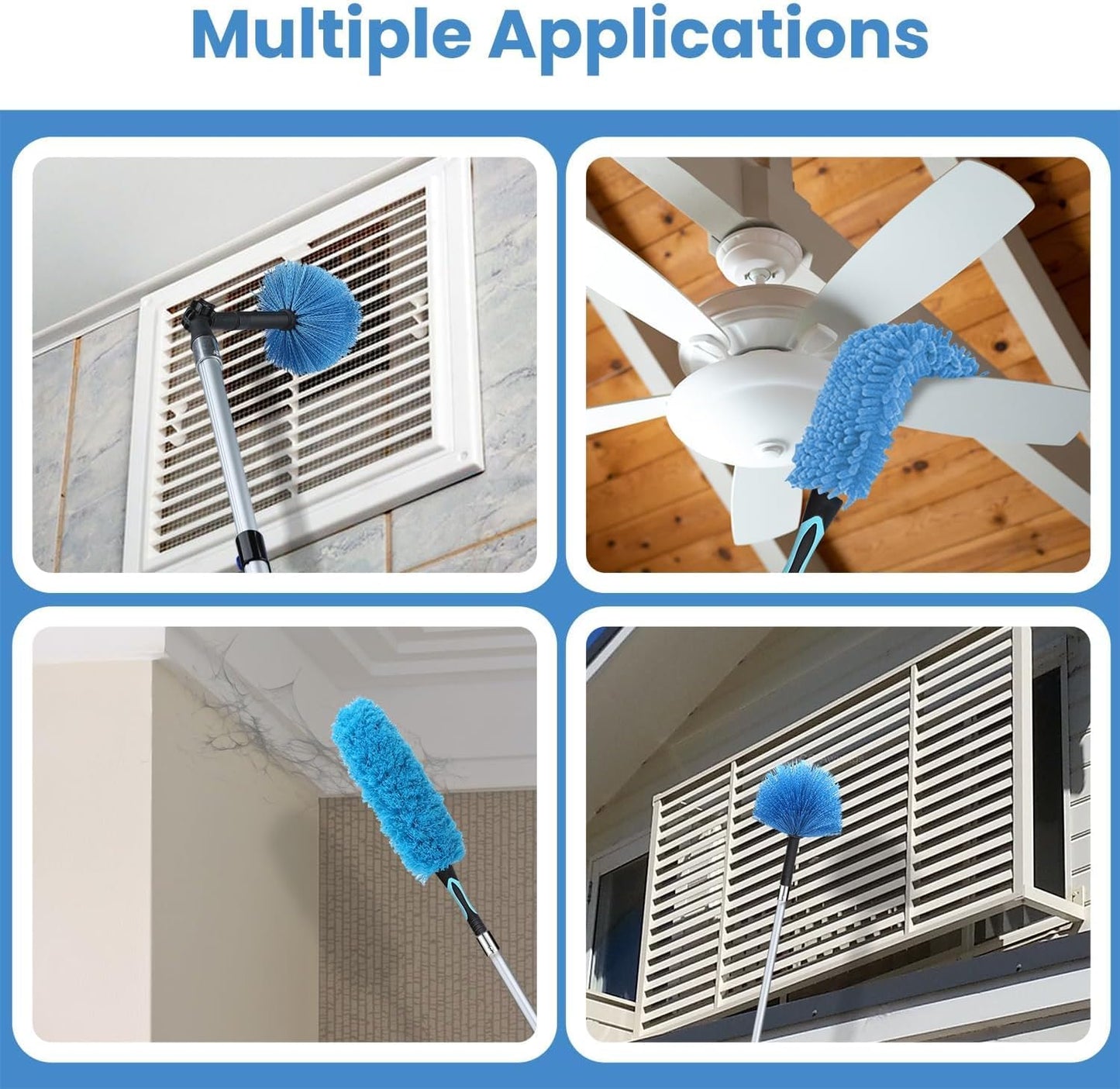 36ft High Ceiling Duster Kits with 5-30ft Heavy Duty Extension Pole - Fan Blade Cleaner, Cobweb Remover & Blue Window Squeegee Kit, Washable Dust Brush for High Roof and Glass Surfaces