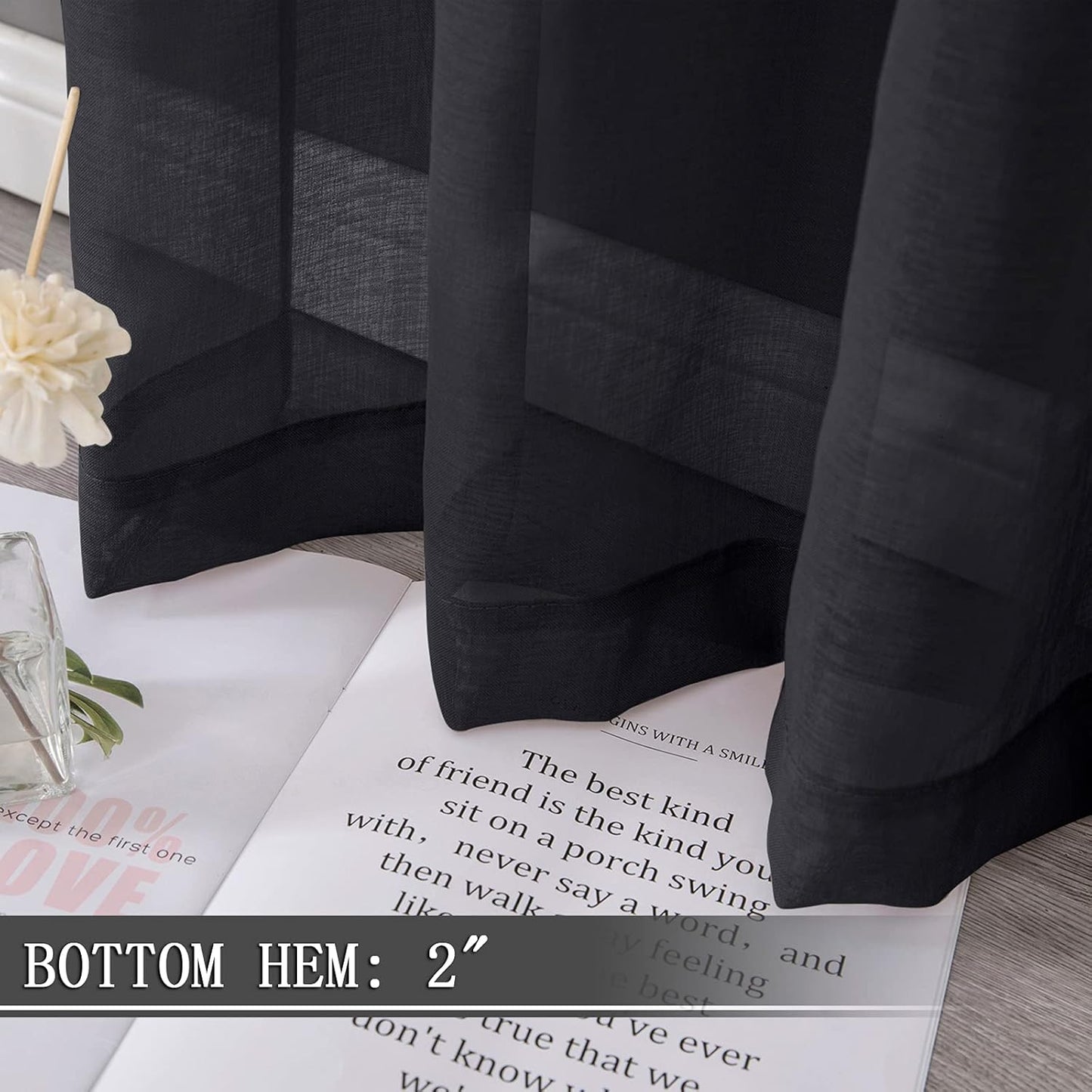 Tollpiz Sheer Tier Curtain Linen Textured Half Kitchen Curtains Sheer Light Filtering Rod Pocket Voile Small Curtains for Bathroom, 25 x 36 inches Long, Black, Set of 2 Panels