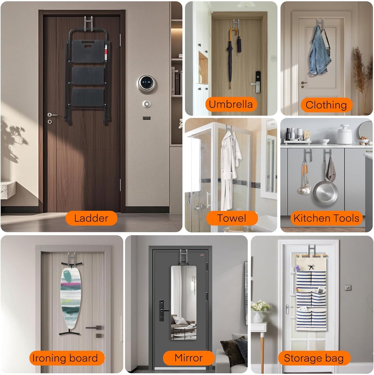 FYY Over The Door Hooks - 4 Pack Heavy Duty Dual-Hook Organizer Hanger with Non-Slip Rubber for Towels, Clothes, Hats & Bags Use in Bathroom, Bedroom, Kitchen - Fits Interior Doors Up to 1 3/8" Grey