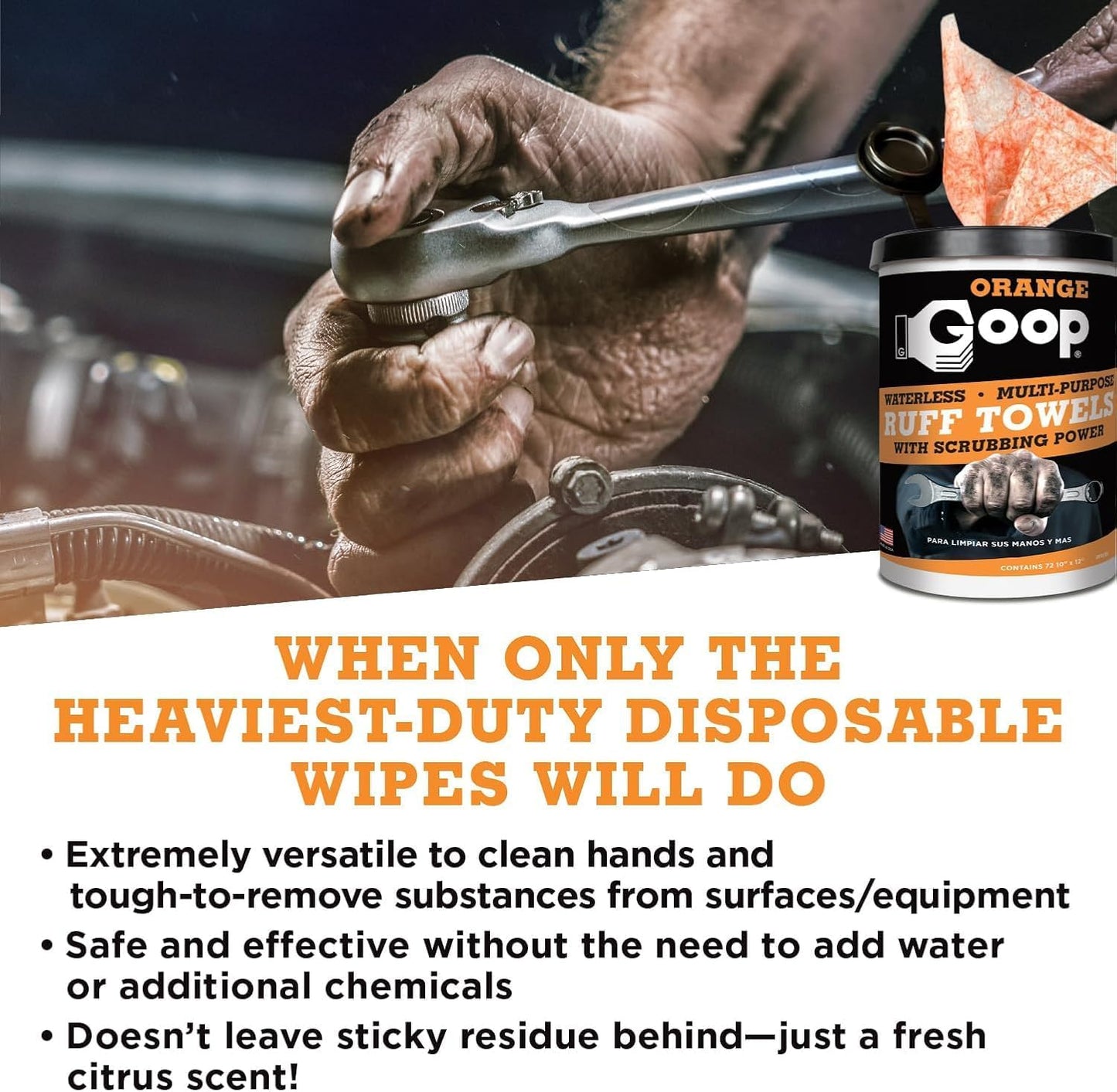 GOOP Heavy Duty Ruff Towels with Scrubbing Power, 10” x 12” Dual Textured Multi-Purpose Cleaning Wipes, Removes Dirt, Grease, Oil - 6 Pack