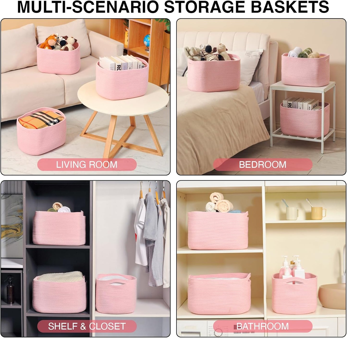 Storage Baskets for Organizing Shelves, Pink Basket for Nursery, Woven Cotton Rope Baskets for Storage, Towel Basket for Bathroom, 15"x11"x9.5", 3 Packs, Light Pink