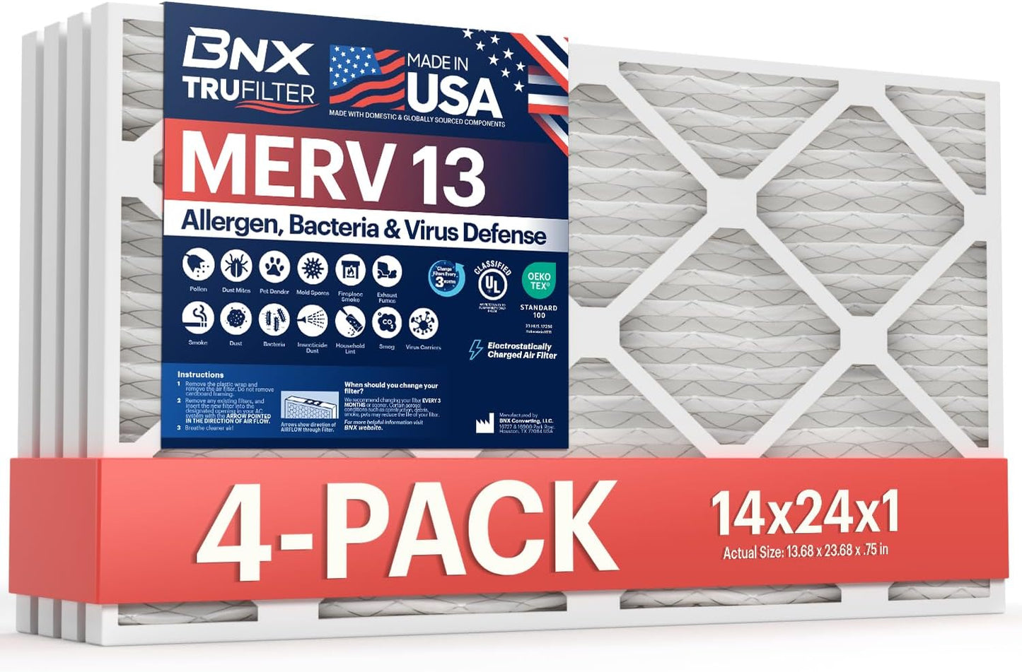BNX TruFilter 14x24x1 Air Filter MERV 13 (4-Pack) - MADE IN USA - Electrostatic Pleated Air Conditioner HVAC AC Furnace Filters for Allergies, Pollen, Mold, Bacteria, Smoke, Allergen, MPR 1900 FPR 10