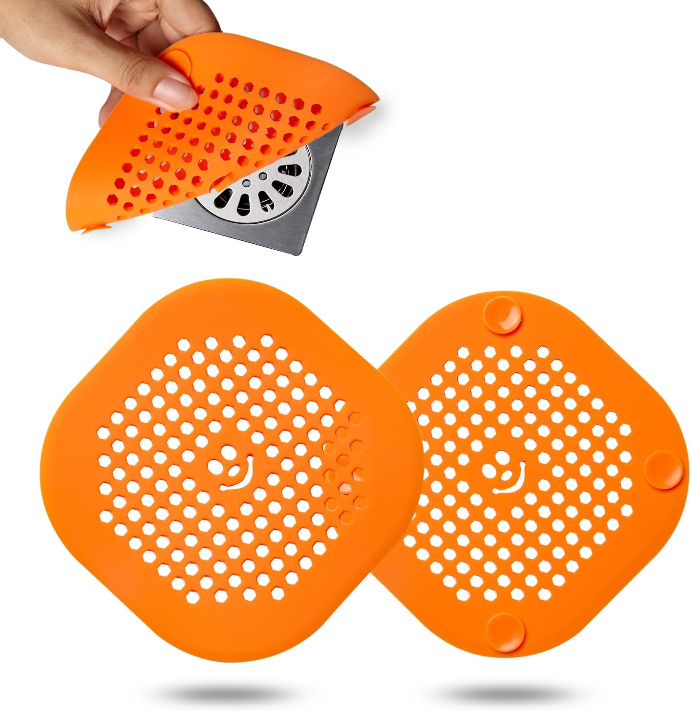 2 Pack Drain Hair Catcher Sturdy Silicone Shower Drain Protector Sink Drain Strainer Hair Stopper for Shower Kitchen Bathroom Tub Orange