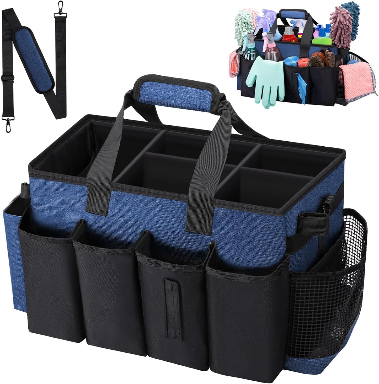 Wearable Large Cleaning Caddy Bag for Housekeeper, Clean Supply Organizer with Adjustable Shoulder, Waist & Handle Straps, Detailing Bag for Kitchen Supplies (Blue)