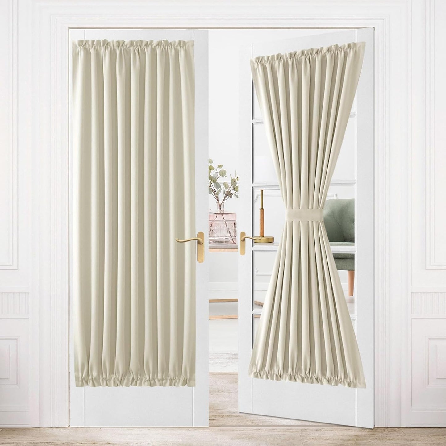 DWCN French Door Curtains – Rod Pocket Thermal Blackout Curtain for Doors with Glass Window, Kitchen and Patio Doors for Privacy, 54 X 80 Inches Long, 1 Curtain Panel with Tieback, Light Beige