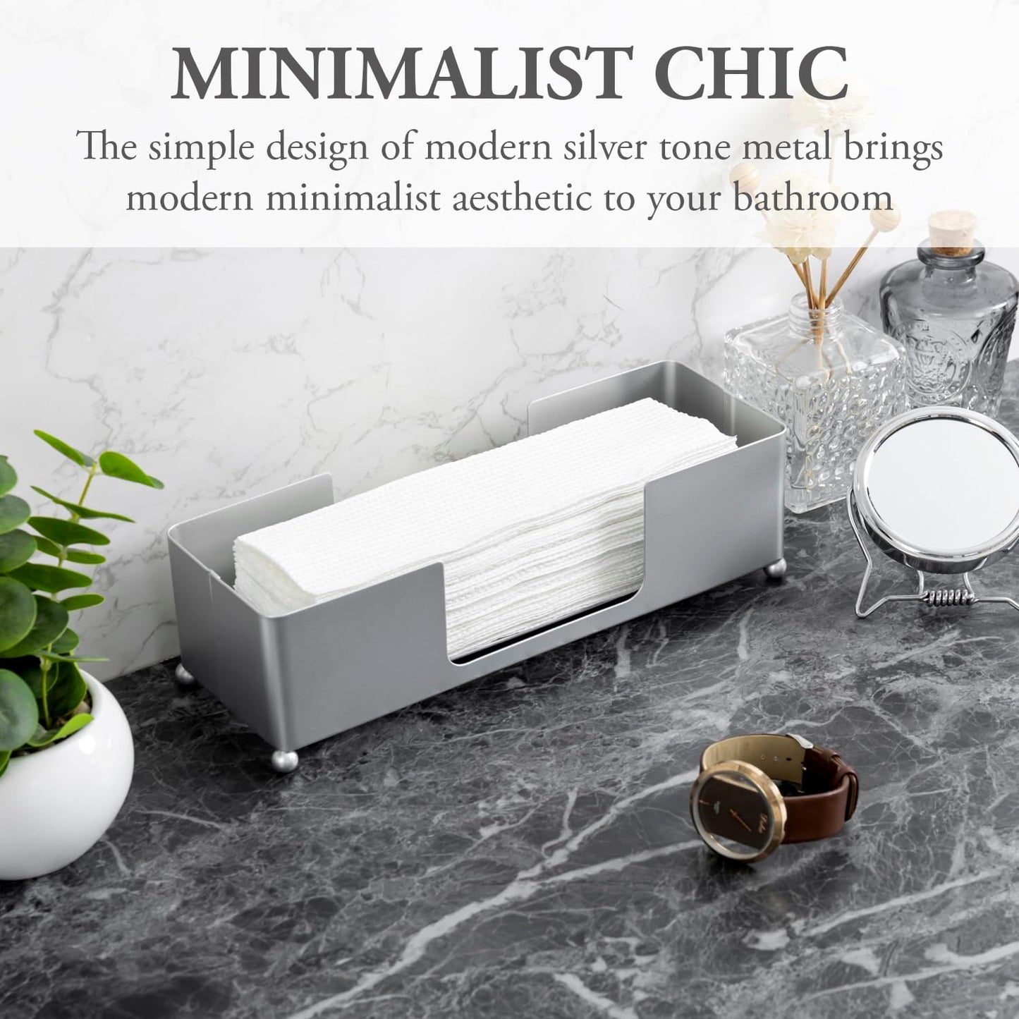 MyGift Metal Tabletop Folded Hand Towel Holder, Modern Silver Tone Commercial Countertop Tissue Dispenser Tray for Trifold, C-Fold and Z-Fold Towels, Set of 2