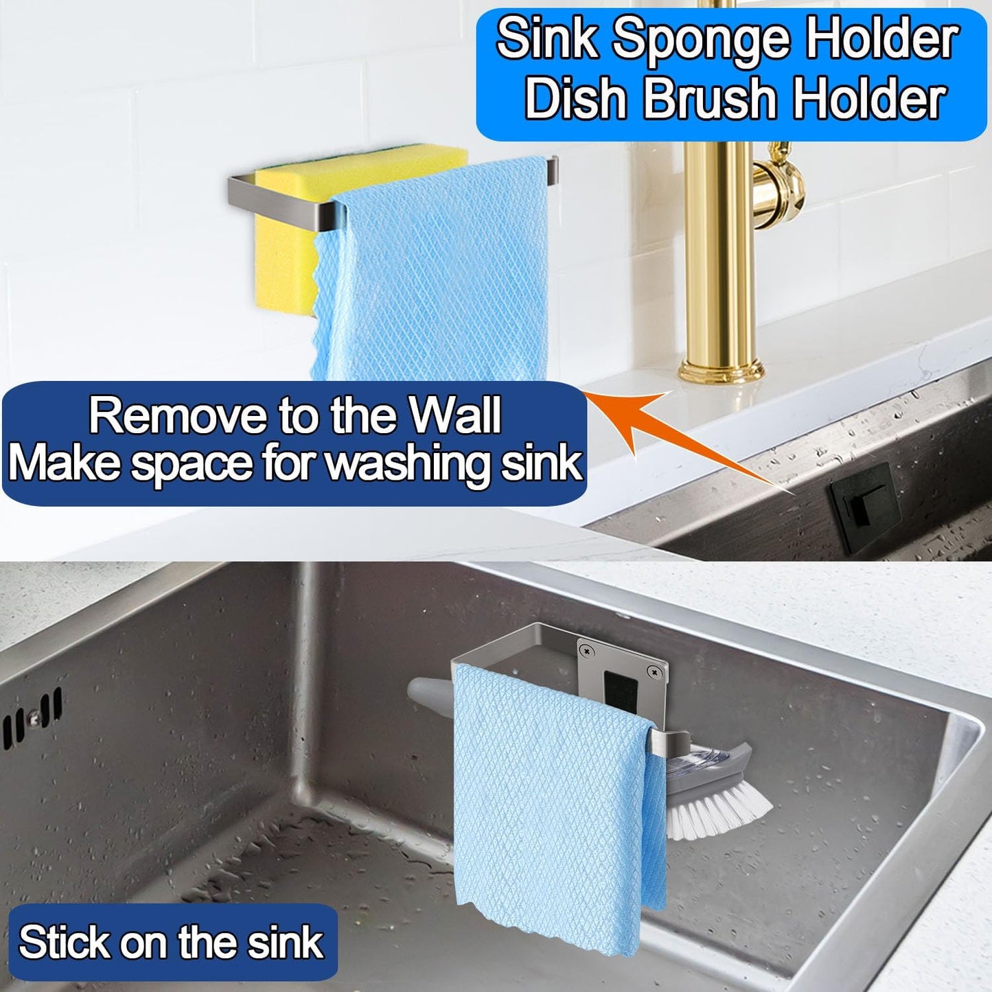 Sponge Holder for Kitchen Sink, Kitchen Sink Caddy, 2 in 1 Kitchen Sink Organizer Sponge Caddy, Adhesive Hanging, Suitable for Kitchen Brush, Dish Rag, Sponge, Gloves, 304 Stainless Steel
