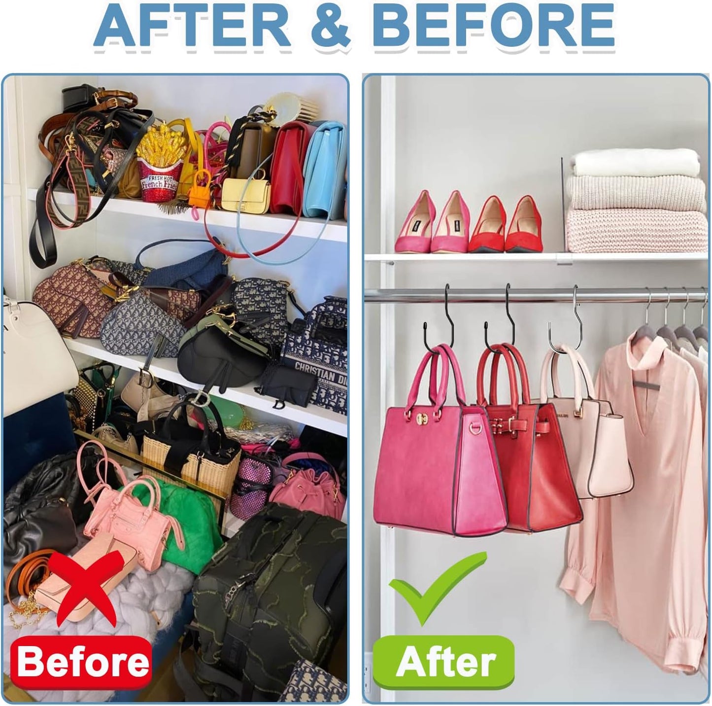 Purse Hanger for Closet, Unique Twist Design Bag Hanger Purse Hooks, 5 inch Large Size Closet Rod Hooks for Hanging Bags, Purses, Handbags, Belts, Scarves, Hats,Clothes, Pans and Pots (12 Pack Black)