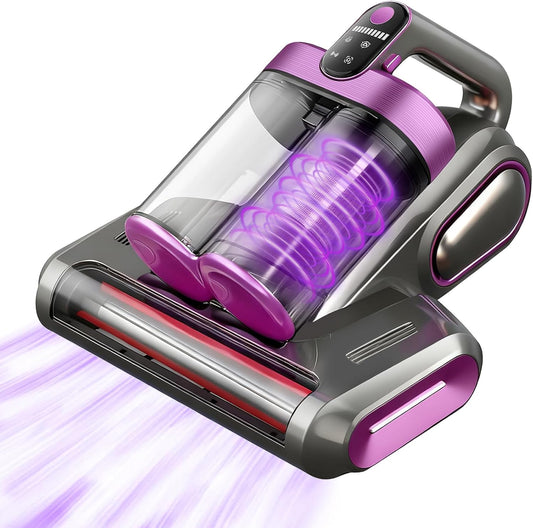 Bed Vacuum Cleaner, 16Kpa Mattress Vacuum Cleaner with 253.7nm UV-C Light 48000 RPM/Min Brushroll & Ultrasonic Tech Dual Bins for Dust & Widen Suction Port 120W Cordless for Bed Sofa(Purple)